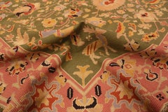 Green Background Antique Portuguese Needlepoint Rug. 8 ft 3 in x 11 ft 9 in