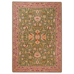 Green Background Antique Portuguese Needlepoint Rug. 8 ft 3 in x 11 ft 9 in