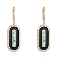Green Baguette Emerald 14K (or 18k upon request) Yellow Gold Black Drop Earrings