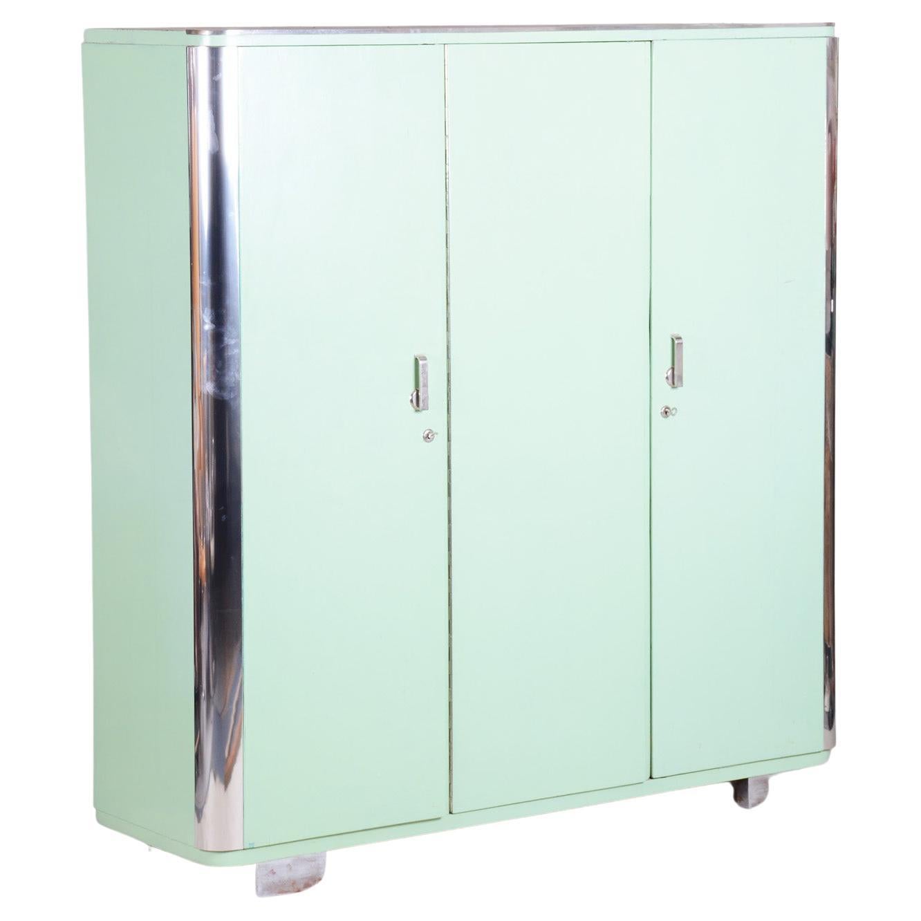 Green Bauhaus Wardrobe Made in 1930s Czechia by Vichr a Spol, Fully Restored