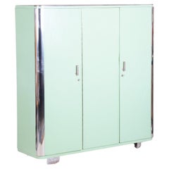 Antique Green Bauhaus Wardrobe Made in 1930s Czechia by Vichr a Spol, Fully Restored