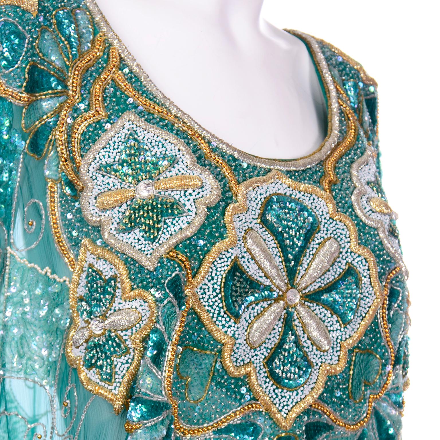 Green Beaded Silk Vintage Caftan with Gold Metallic Embroidery and Sequins 2