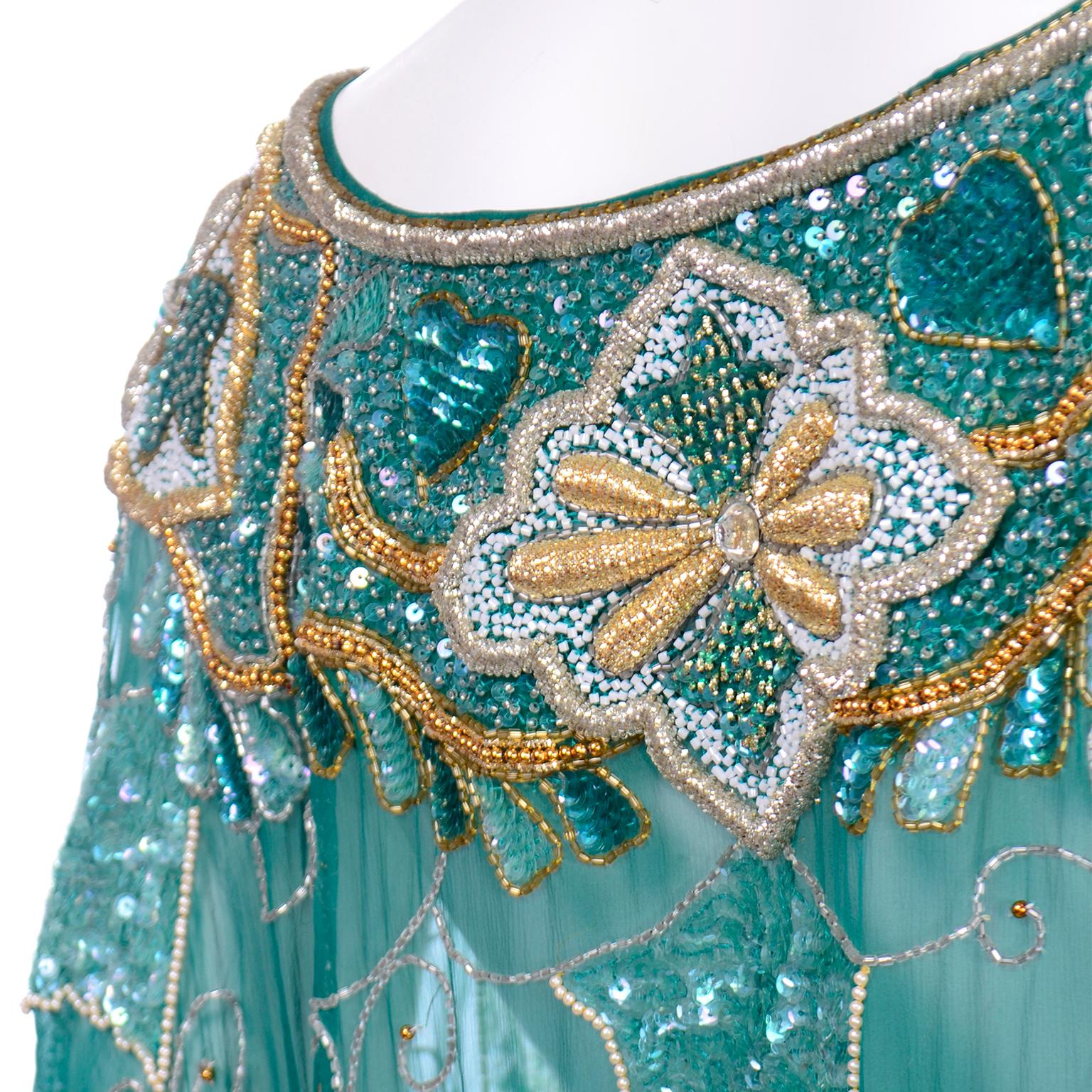 Green Beaded Silk Vintage Caftan with Gold Metallic Embroidery and Sequins 3