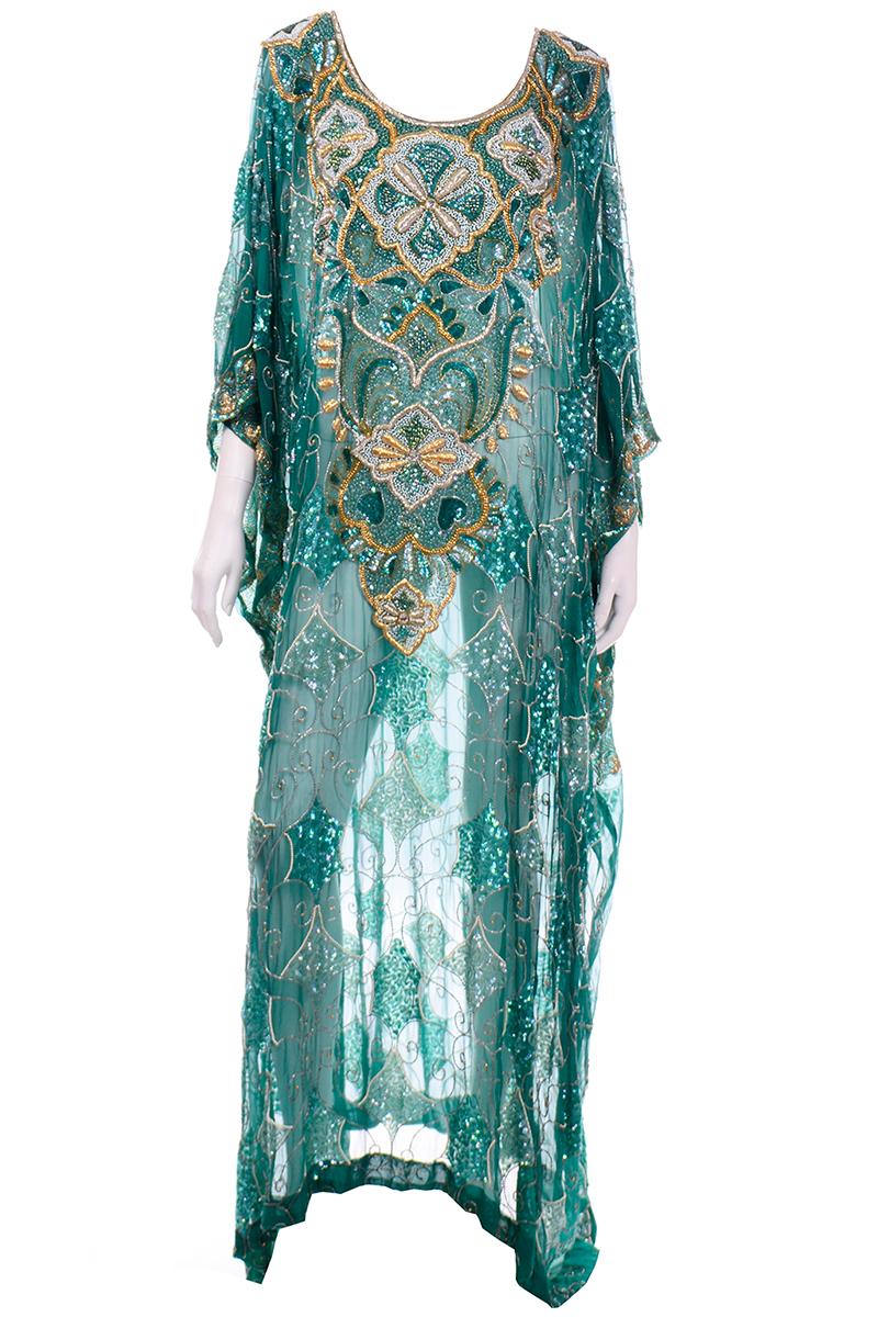 Green Beaded Silk Vintage Caftan with Gold Metallic Embroidery and Sequins 4