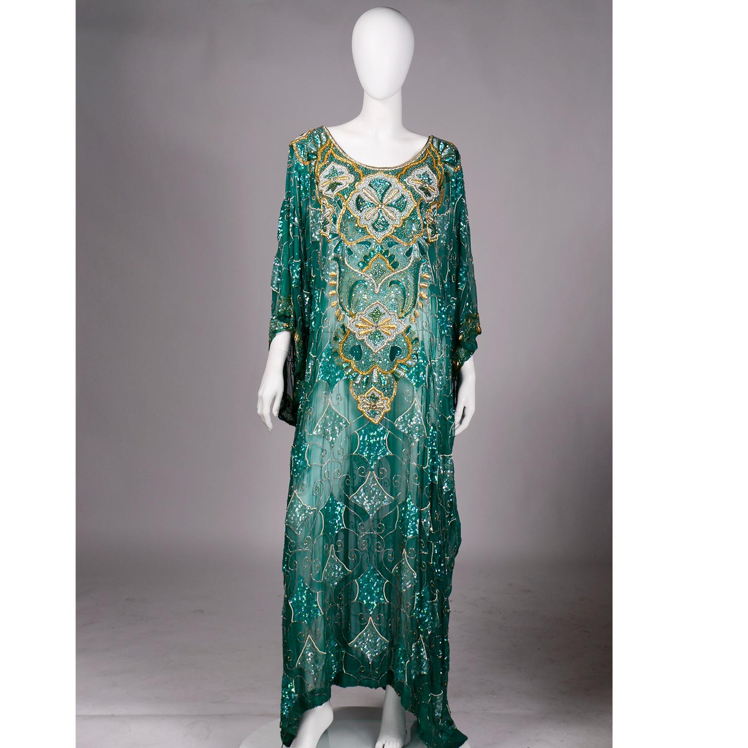 Green Beaded Silk Vintage Caftan with Gold Metallic Embroidery and Sequins 5