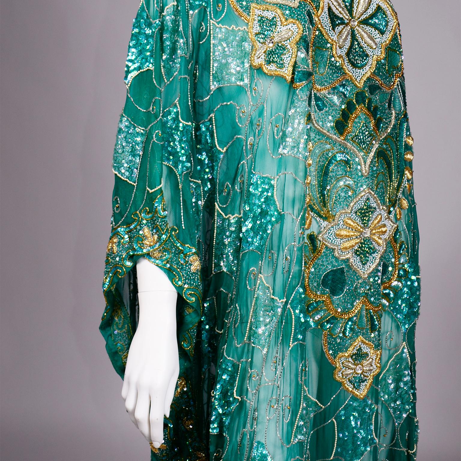 Green Beaded Silk Vintage Caftan with Gold Metallic Embroidery and Sequins 8