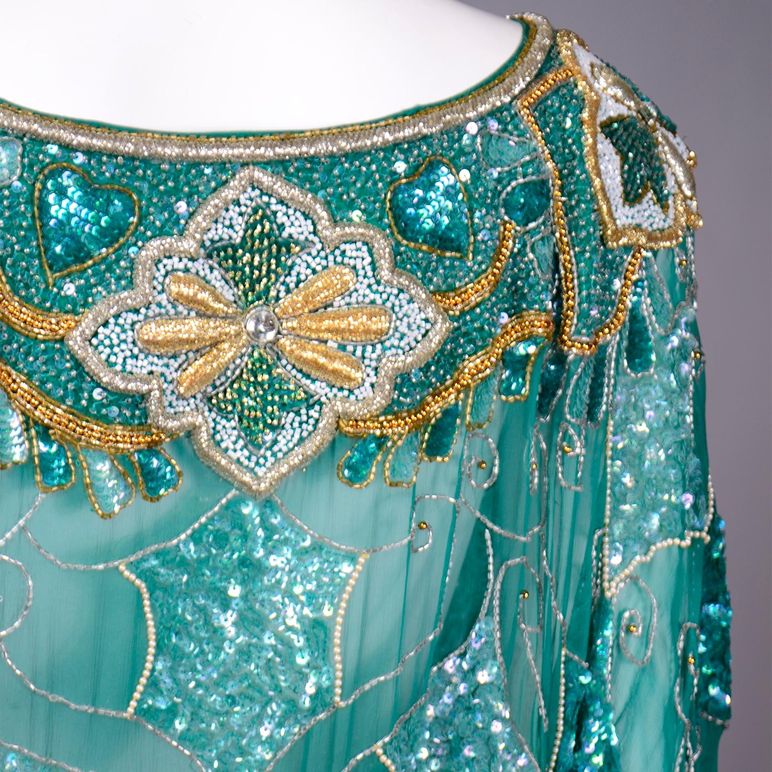 Green Beaded Silk Vintage Caftan with Gold Metallic Embroidery and Sequins 9