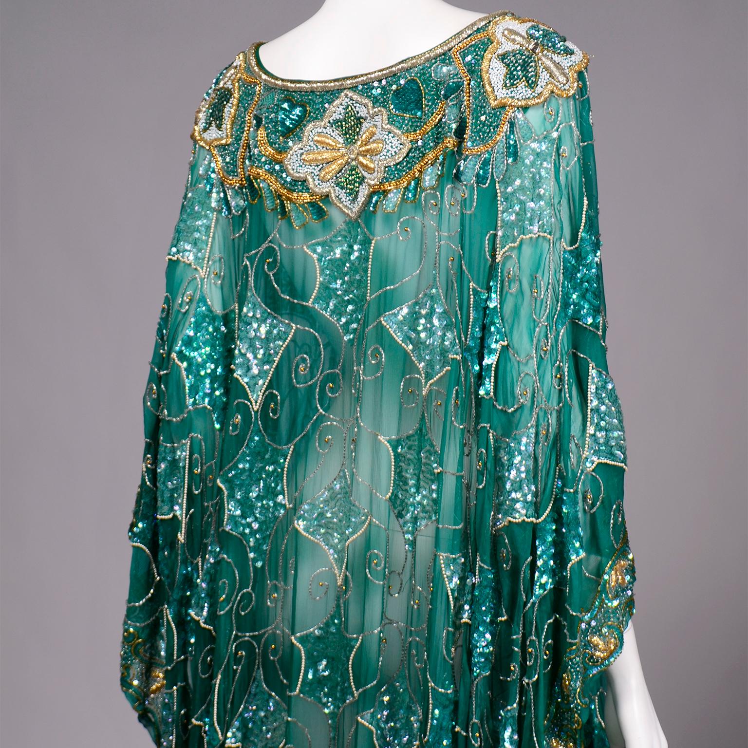 Green Beaded Silk Vintage Caftan with Gold Metallic Embroidery and Sequins 10