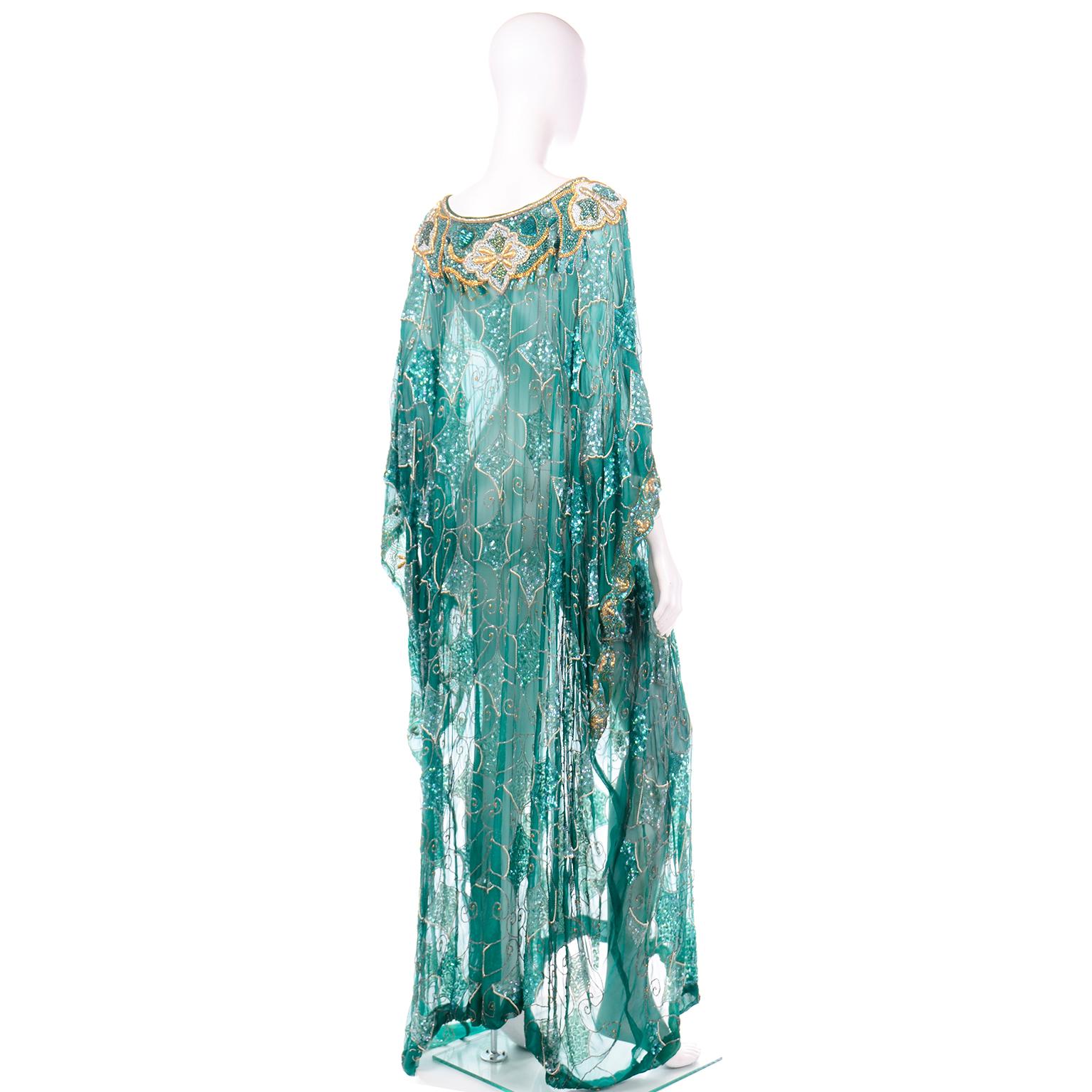 Blue Green Beaded Silk Vintage Caftan with Gold Metallic Embroidery and Sequins