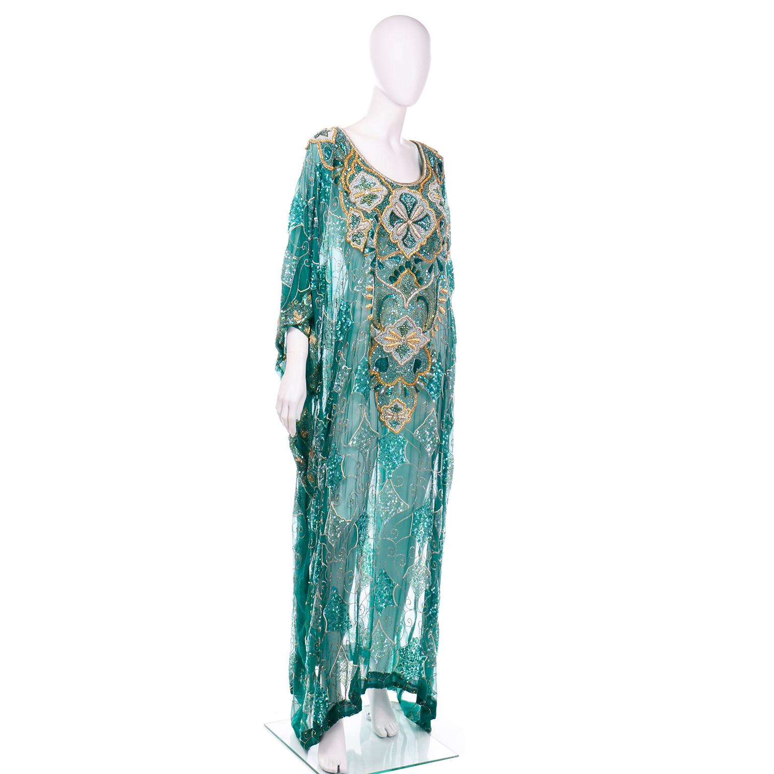 Green Beaded Silk Vintage Caftan with Gold Metallic Embroidery and Sequins In Good Condition In Portland, OR