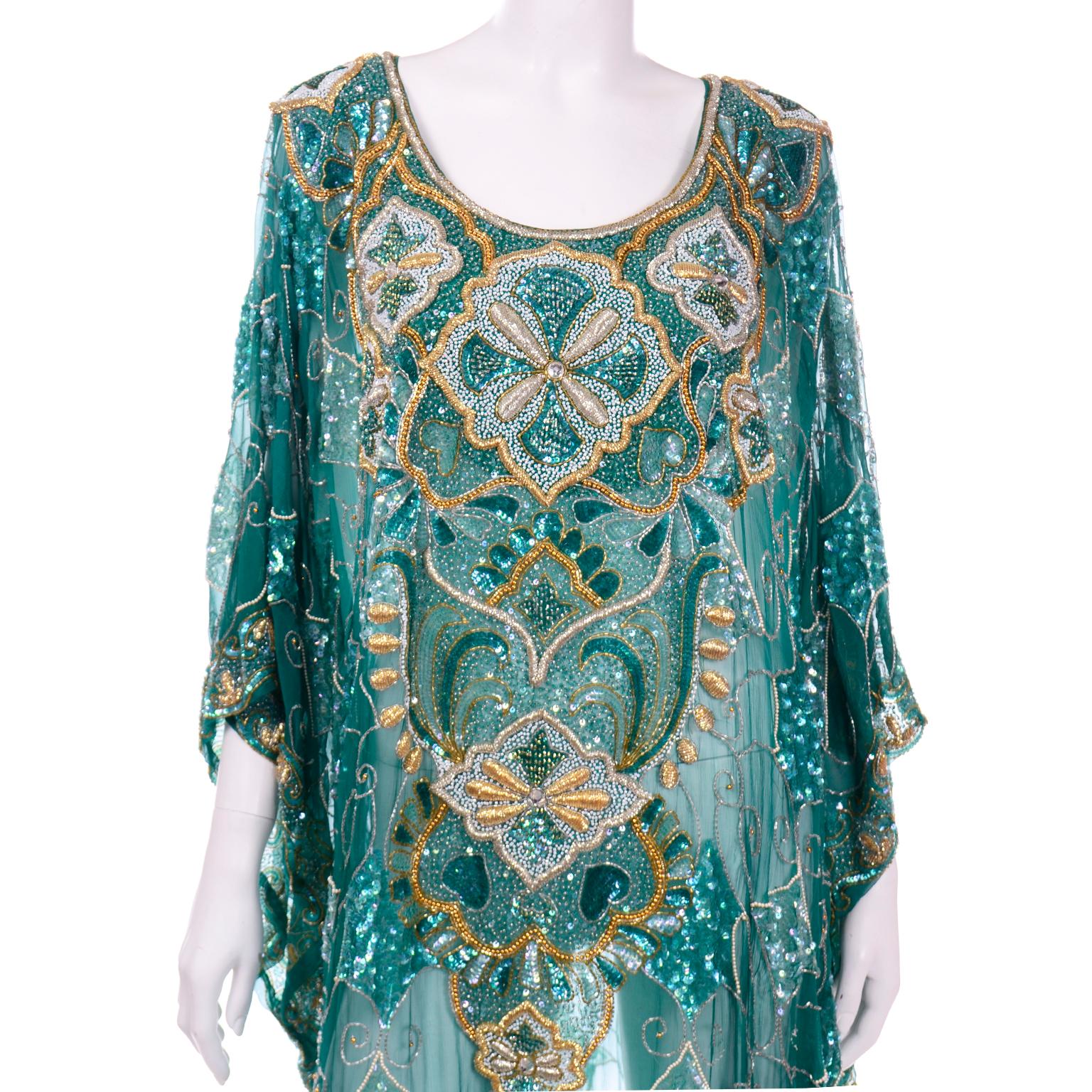 Women's Green Beaded Silk Vintage Caftan with Gold Metallic Embroidery and Sequins