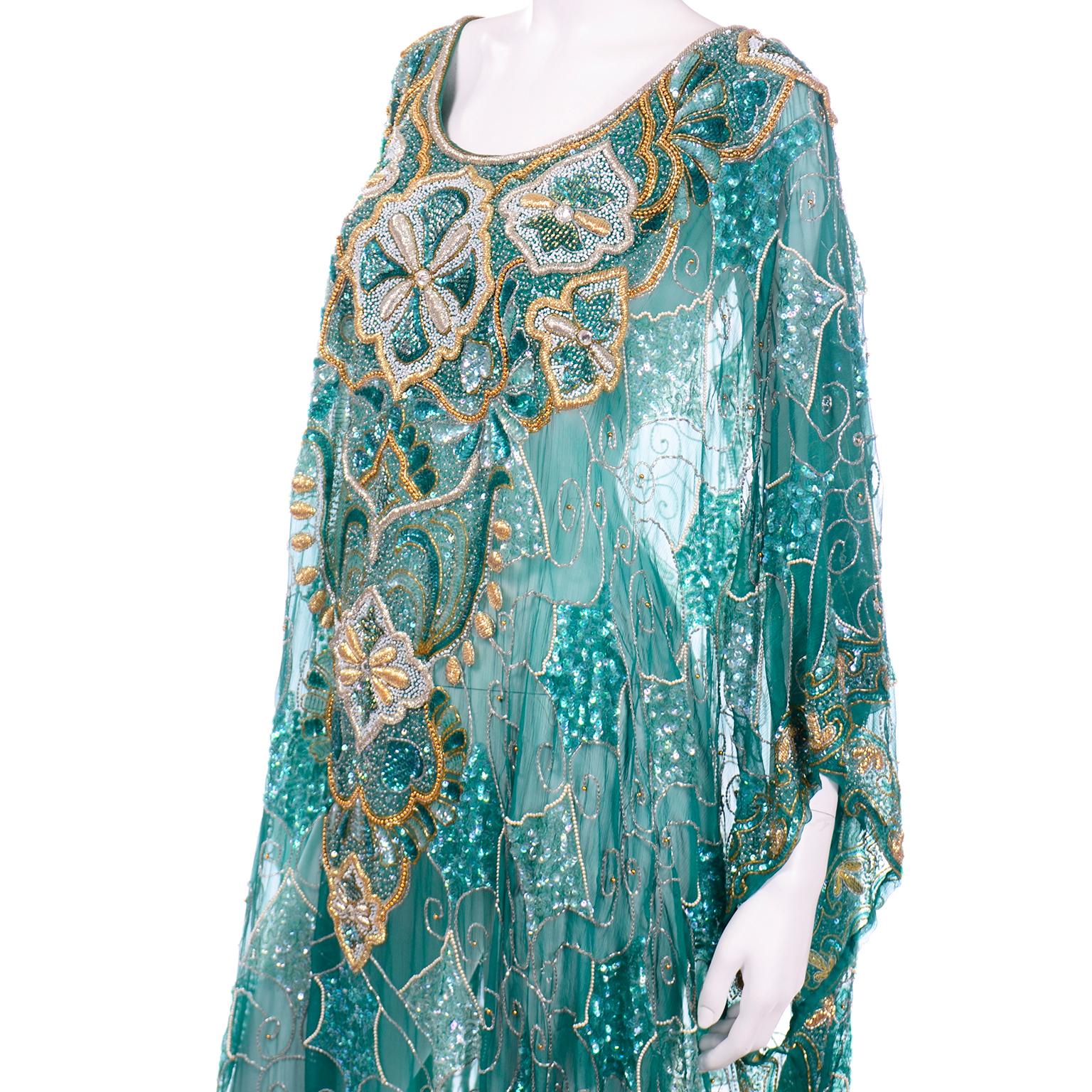 Green Beaded Silk Vintage Caftan with Gold Metallic Embroidery and Sequins 1