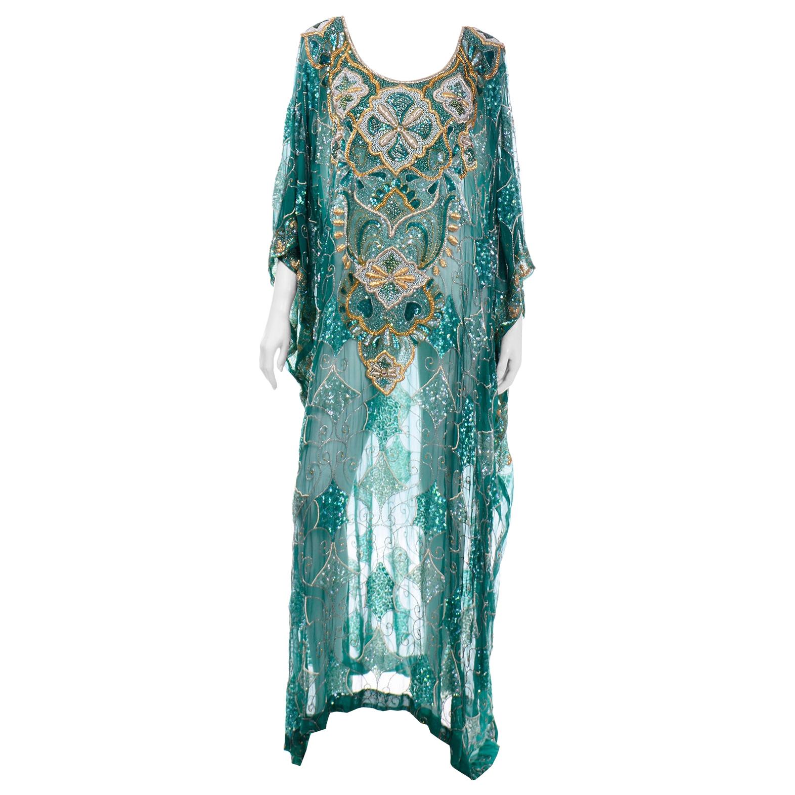 Green Beaded Silk Vintage Caftan with Gold Metallic Embroidery and Sequins