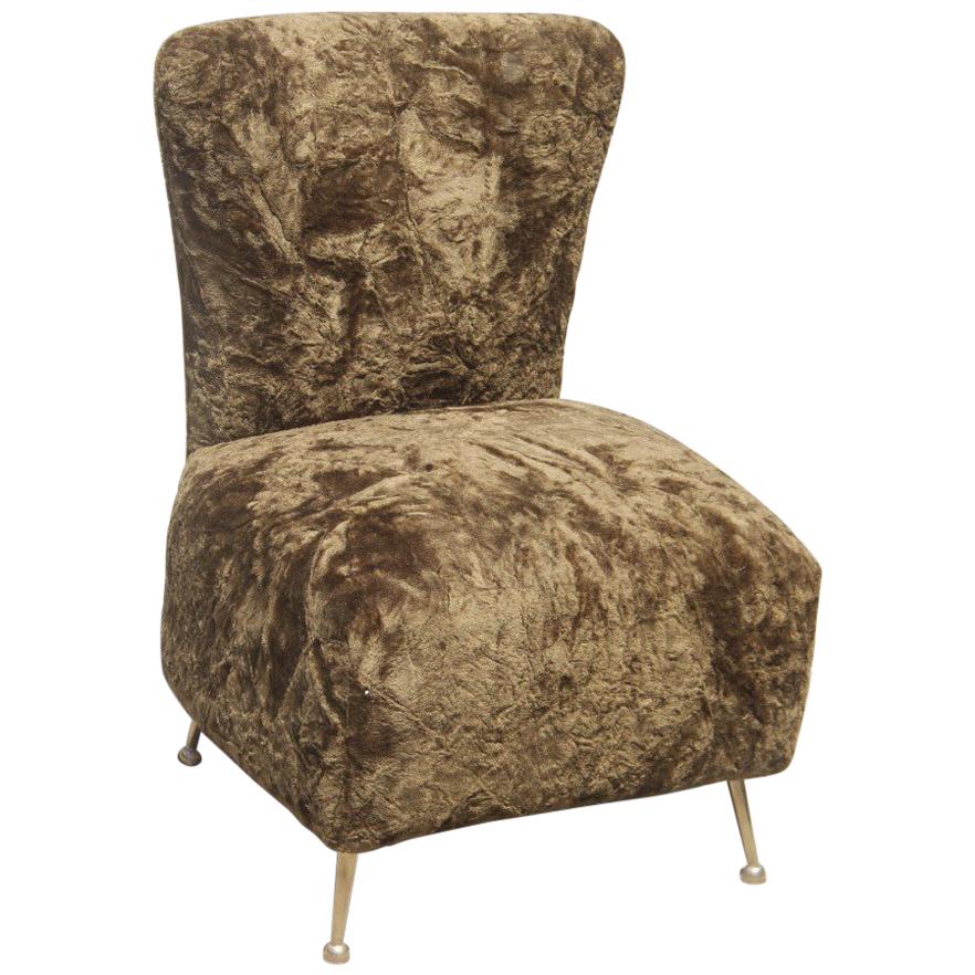 Green Bedroom Chair with Brass Feet Midcentury Italian Design Chenille Minotti