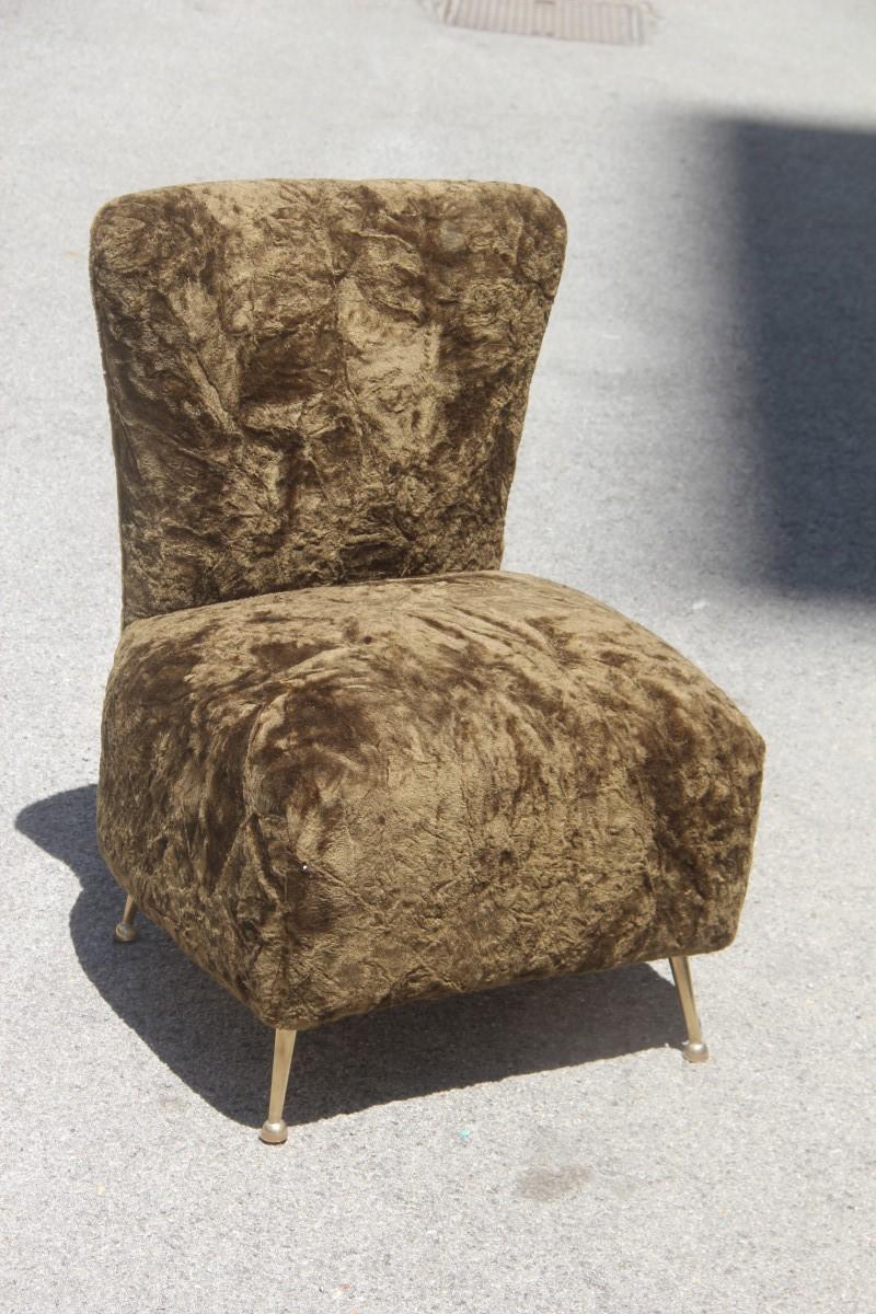 Green bedroom chair with brass feet midcentury Italian design Chenille Minotti.