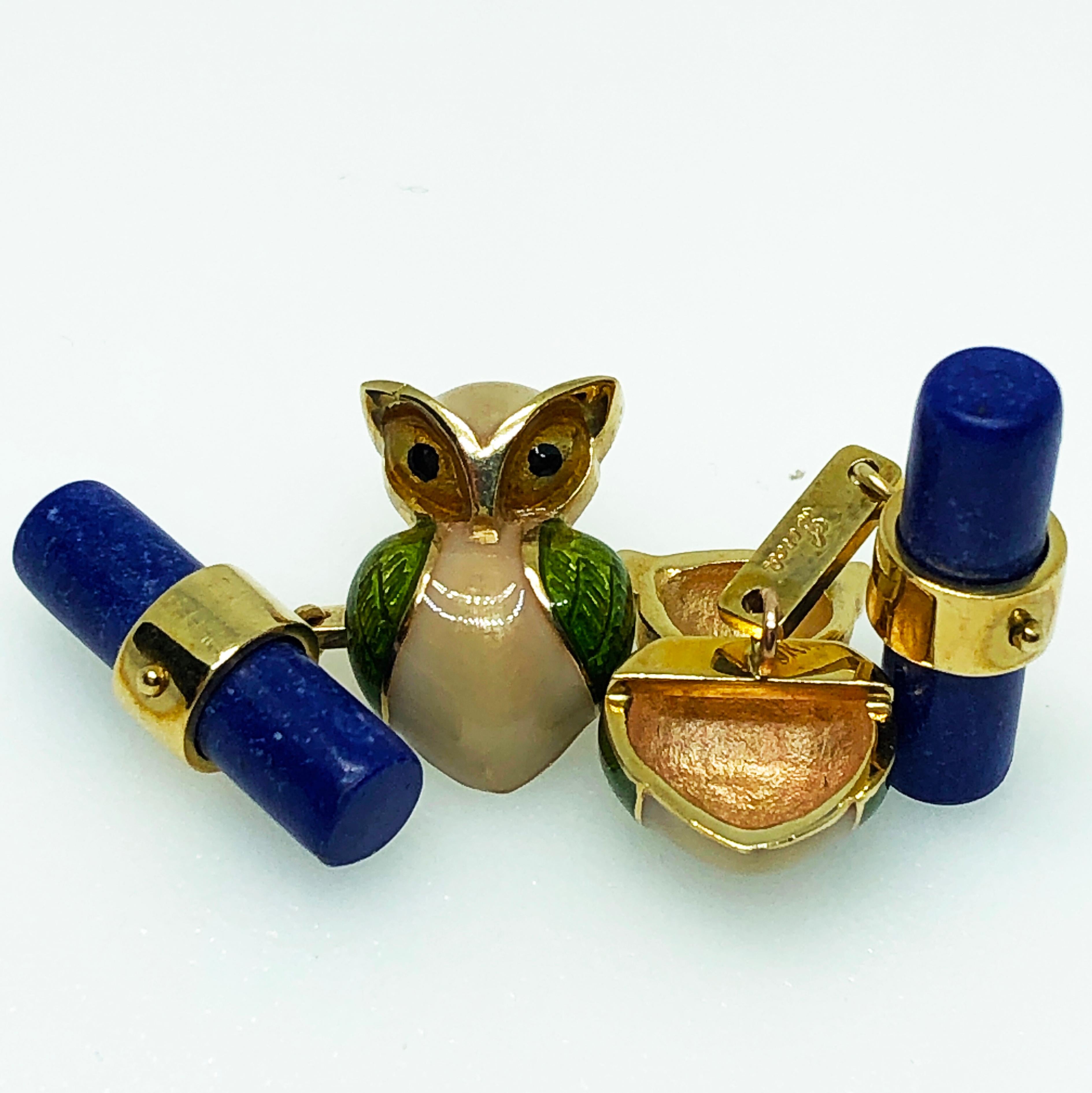 Berca Green Beige Hand Enameled Owl Shaped Lapis Baton Yellow Gold Cufflinks For Sale 4