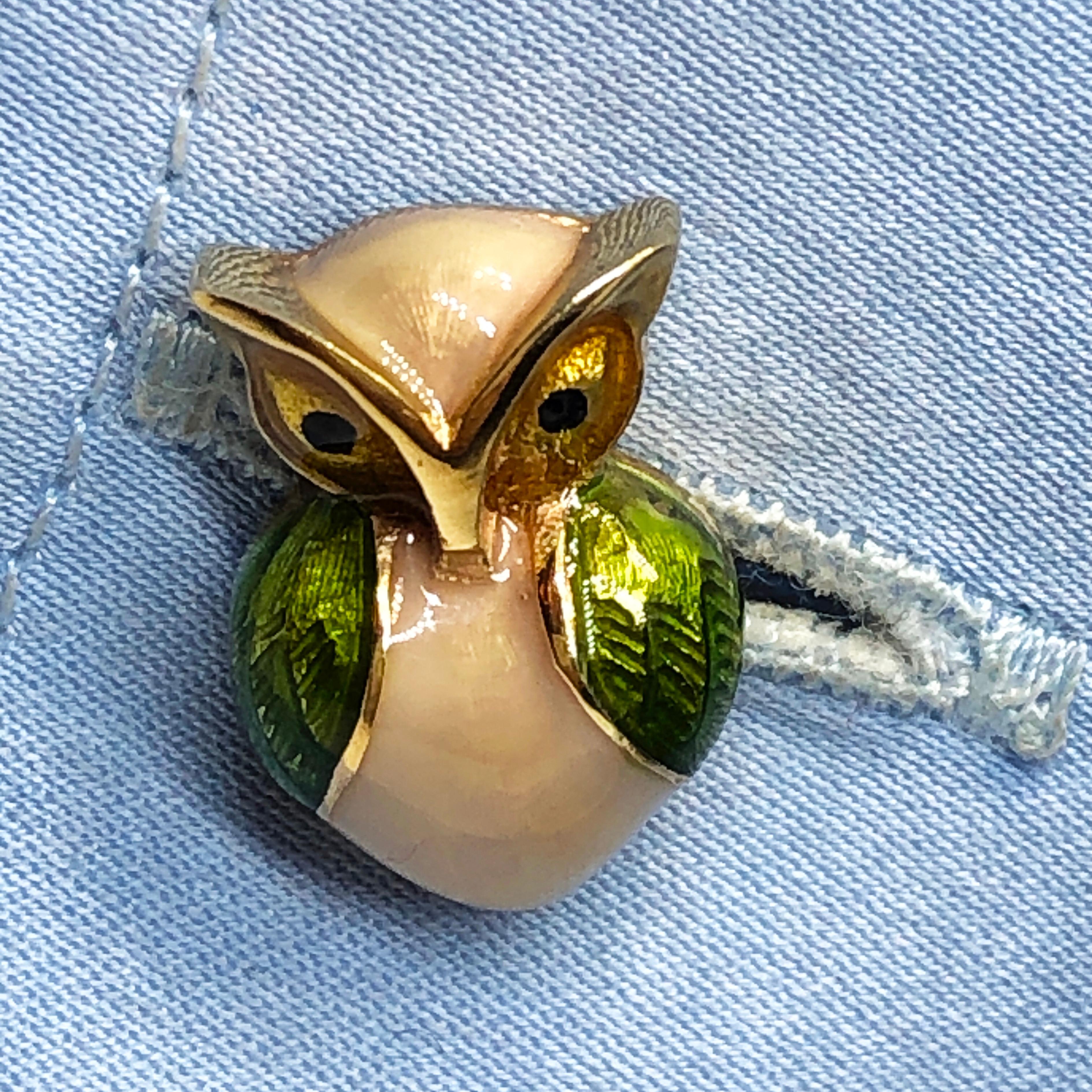 Berca Green Beige Hand Enameled Owl Shaped Lapis Baton Yellow Gold Cufflinks For Sale 6