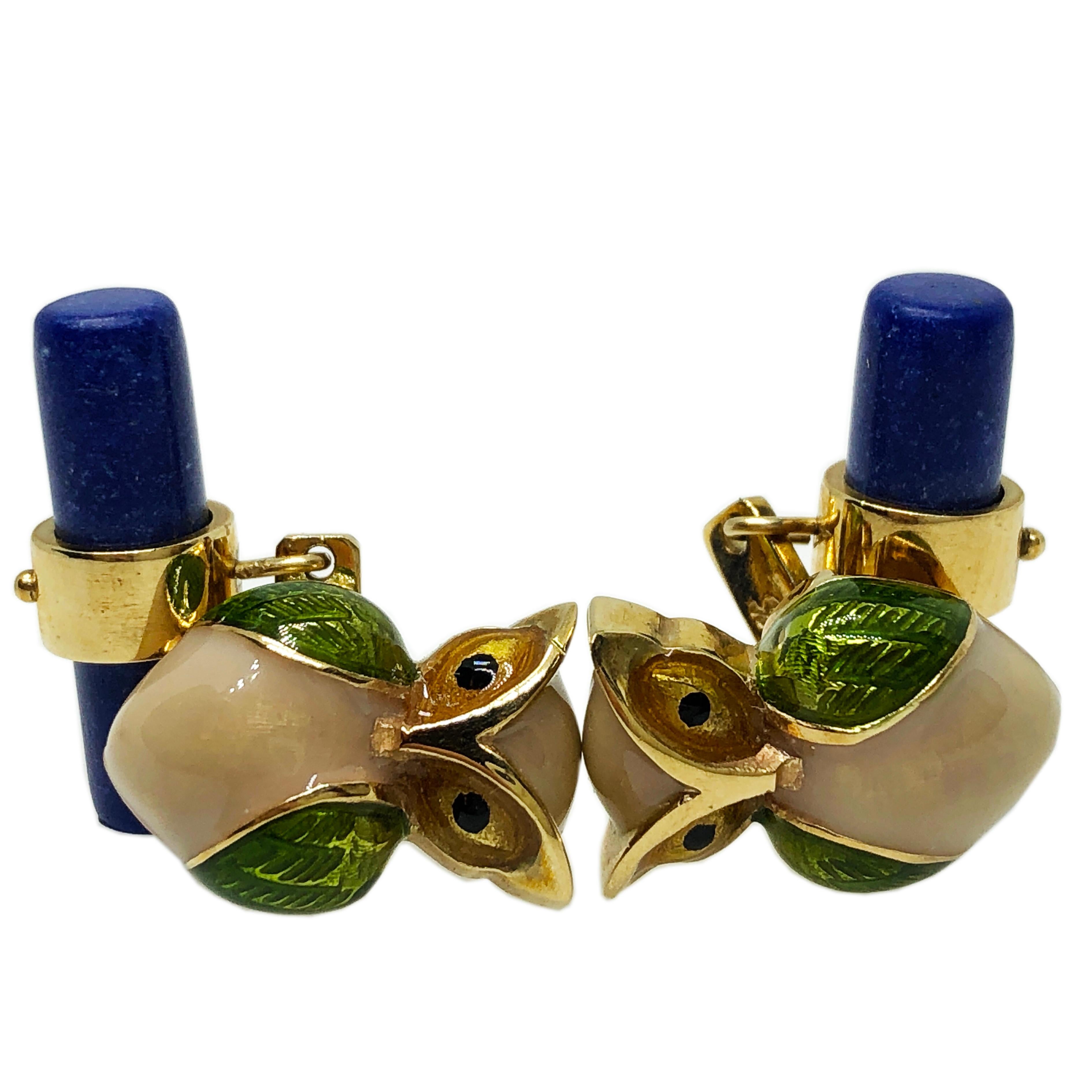 Golden Brown, Green Olive, Hazelnut Beige Hand Enamelled Little Owl Shaped Lapis Stick Back Absolutely Chic yet Timeless Cufflinks, in a Yellow Gold Setting.

In our fitted smart Black Box and Pouch.
Owl Size 0.592x0.414inches (16x11mm)