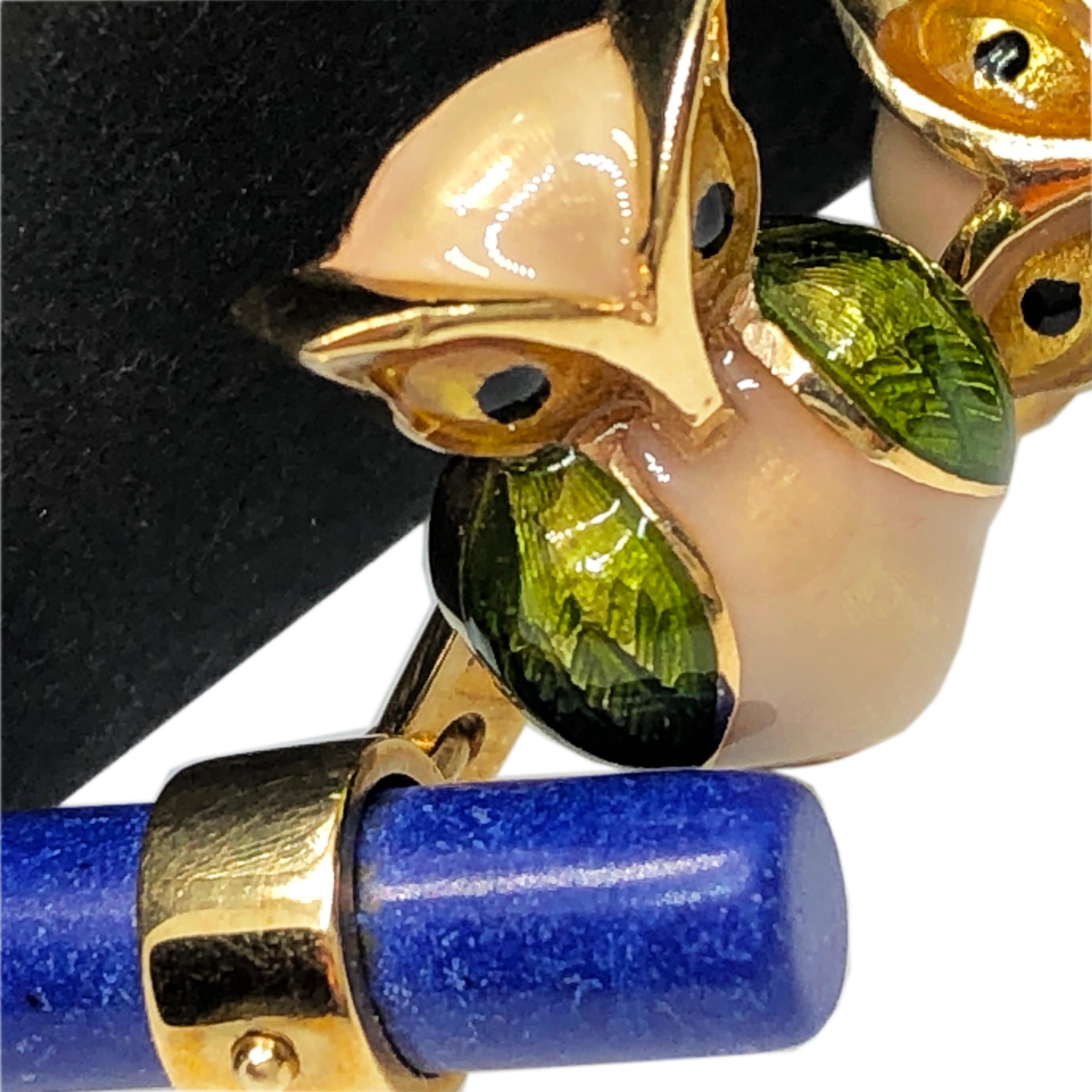 Contemporary Berca Green Beige Hand Enameled Owl Shaped Lapis Baton Yellow Gold Cufflinks For Sale