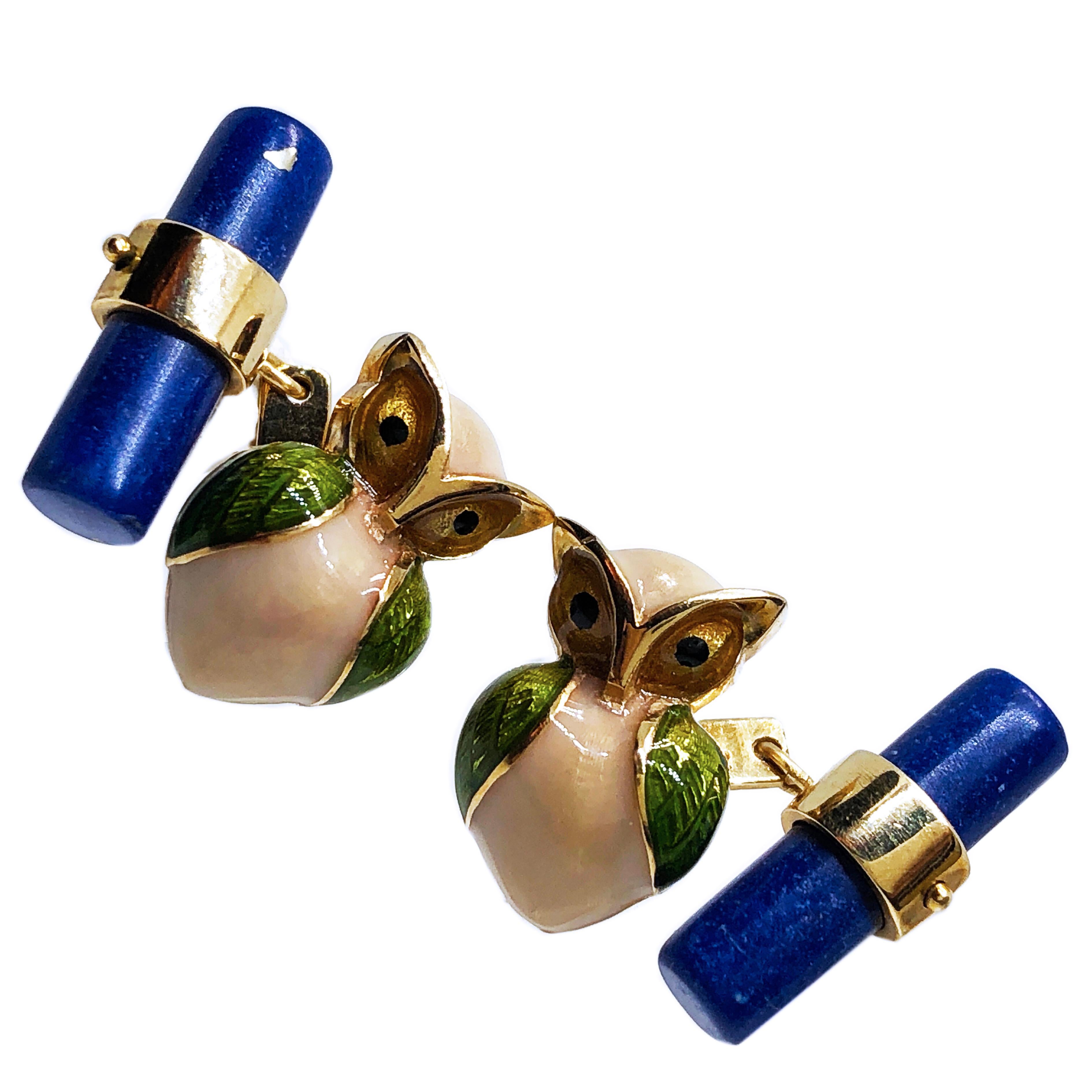 Bullet Cut Berca Green Beige Hand Enameled Owl Shaped Lapis Baton Yellow Gold Cufflinks For Sale