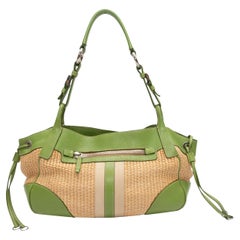 Green & Beige Prada Leather & Straw Shoulder Bag