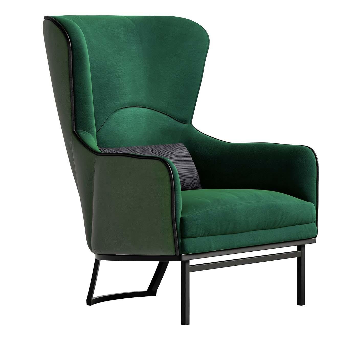 Simple and refined, this contemporary bergère style armchair exudes comfort and elegance. The inviting silhouette with a tall, winged back is supported by a black-finished metal base with two front legs and a U-shaped slanted foot. Upholstered with