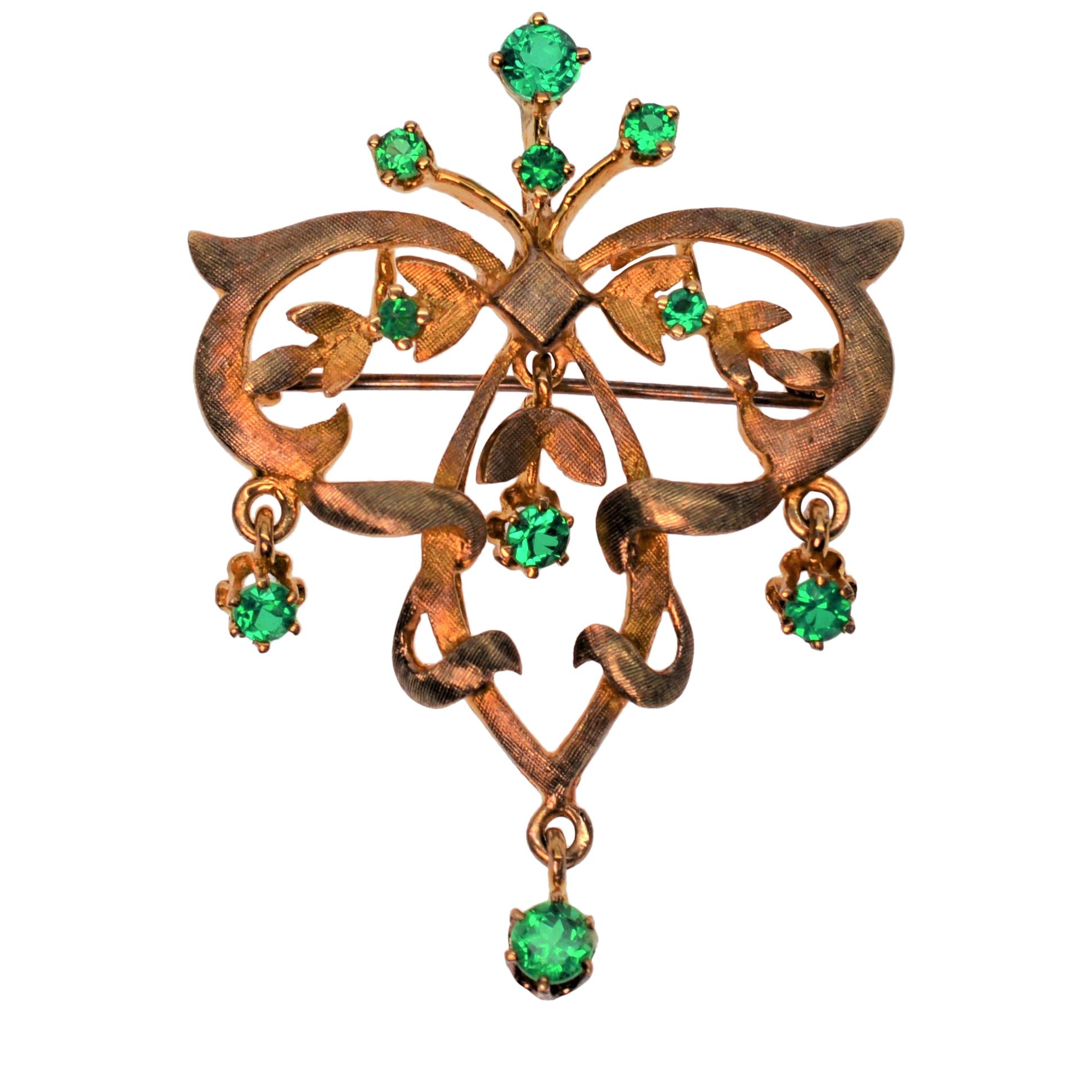 Green Beryl & 14 Karat Satin Gold Pin Brooch Pendant For Sale