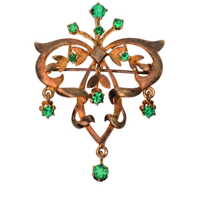 Mechanical Green Enamel And Diamond Flower Pin, French For Sale at 1stDibs