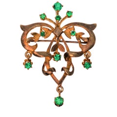Retro Green Beryl & 14 Karat Satin Gold Pin Brooch Pendant