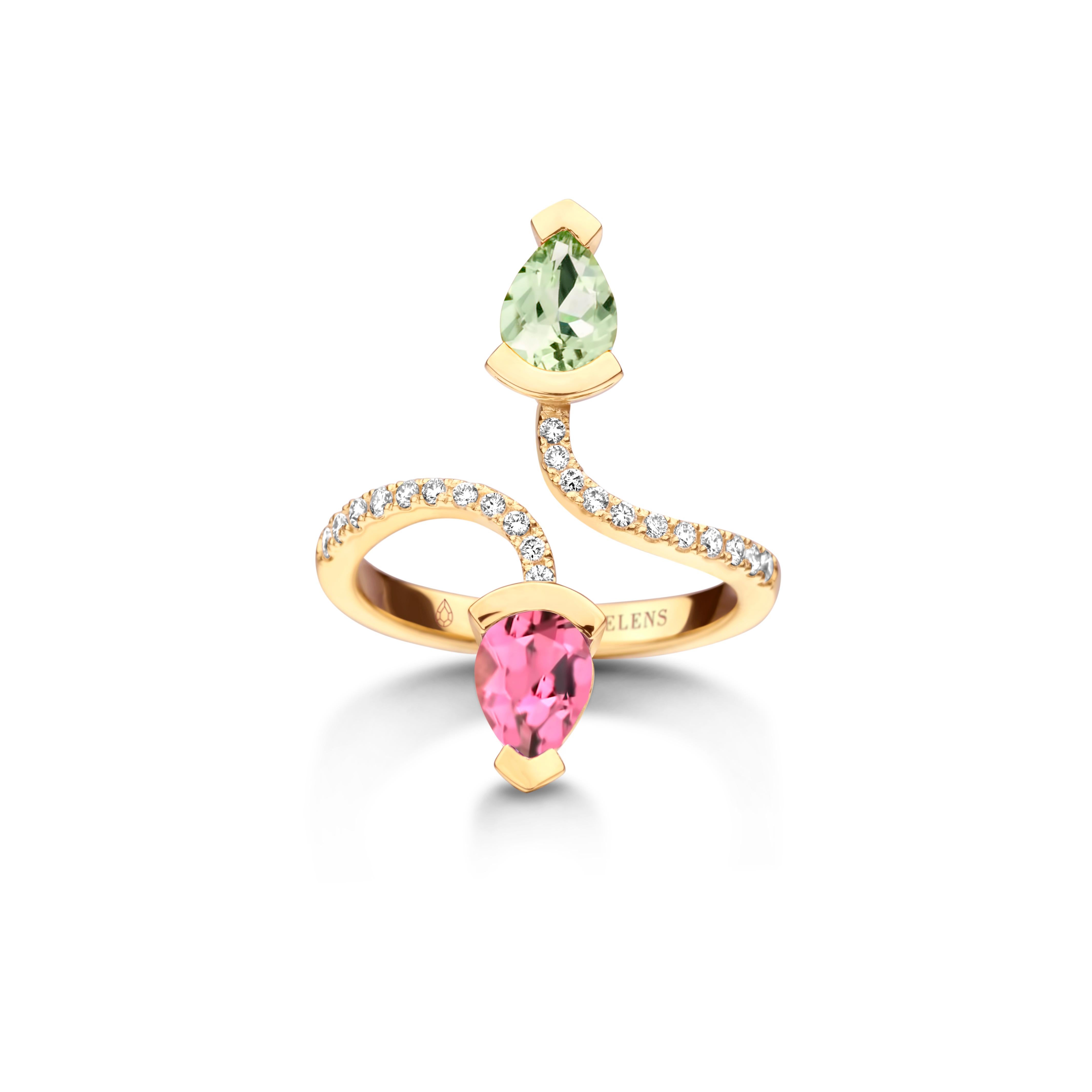 Adeline Duo ring in 18Kt white gold 5g set with a pear-shaped green beryl 0,70 Ct, a pear-shaped pink tourmaline 0,70 Ct and 0,19 Ct of white brilliant cut diamonds - VS F quality. Celine Roelens, a goldsmith and gemologist, is specialized in