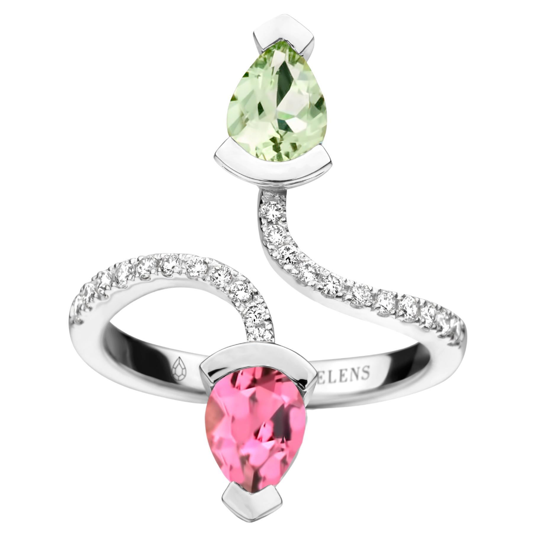Green Beryl And Pink Tourmaline White Gold Diamond Cocktail Ring For Sale