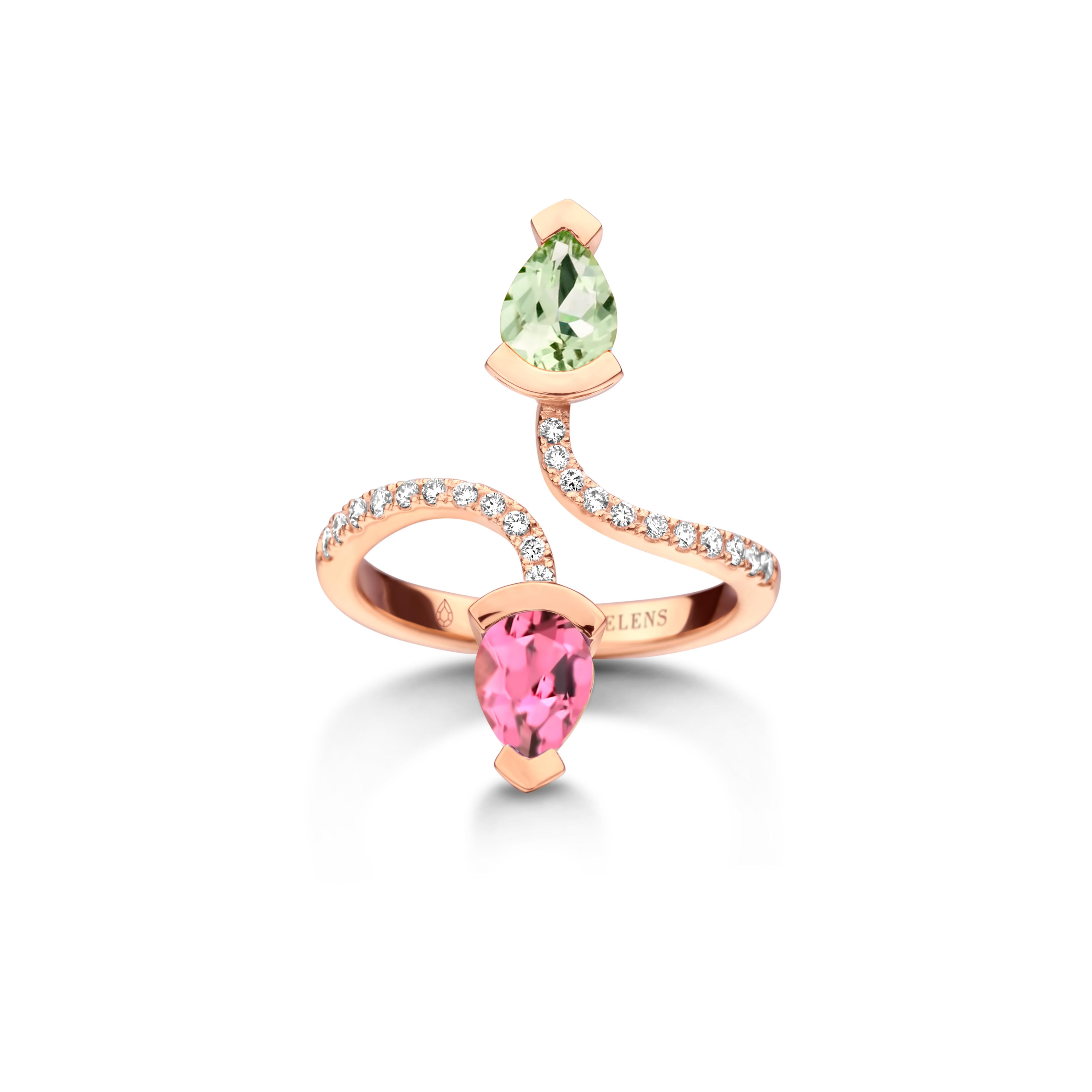 Adeline Duo ring in 18Kt yellow gold 5g set with a pear-shaped green beryl 0,70 Ct, a pear-shaped pink tourmaline 0,70 Ct and 0,19 Ct of white brilliant cut diamonds - VS F quality. Celine Roelens, a goldsmith and gemologist, is specialized in
