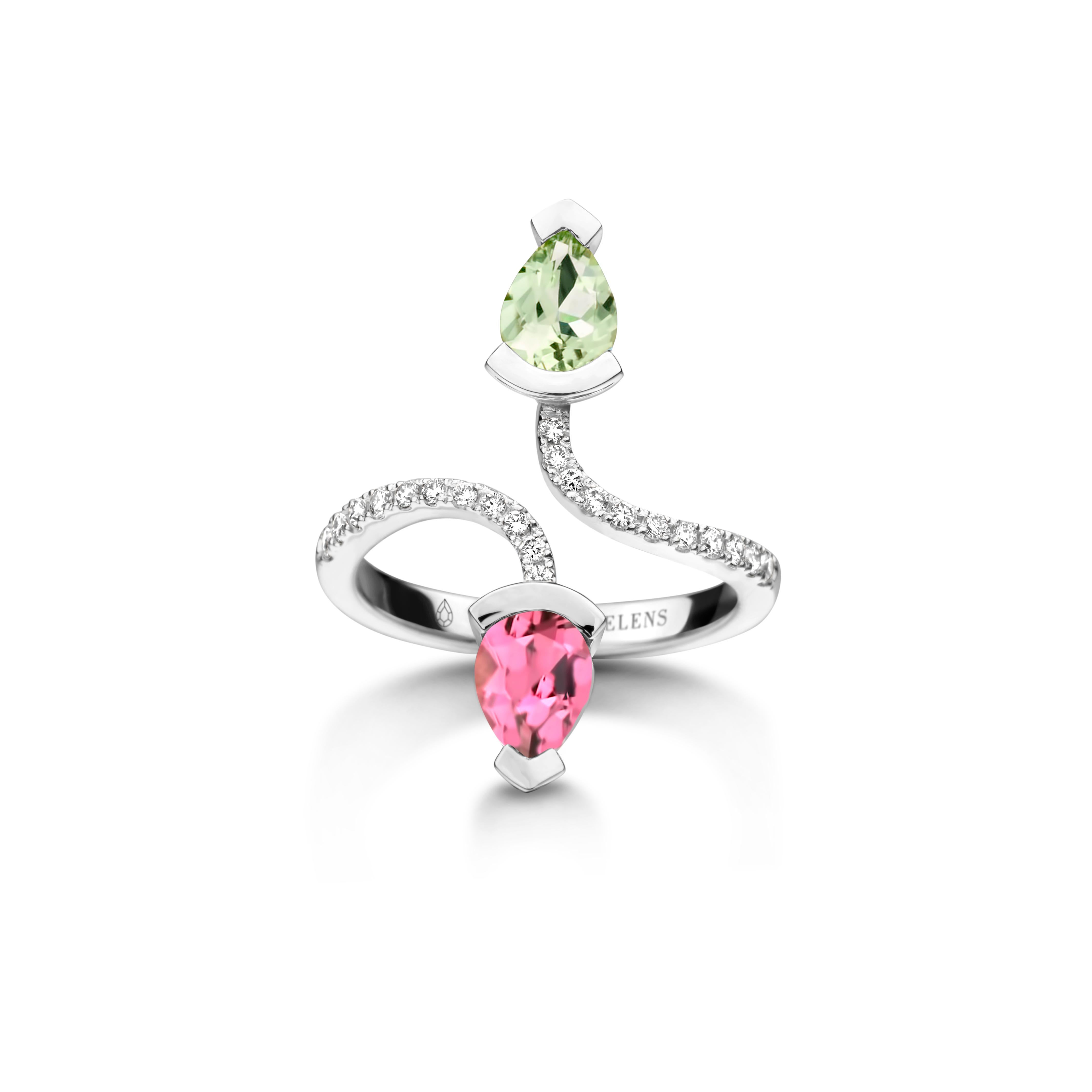Contemporary Green Beryl And Pink Tourmaline Yellow Gold Diamond Cocktail Ring For Sale