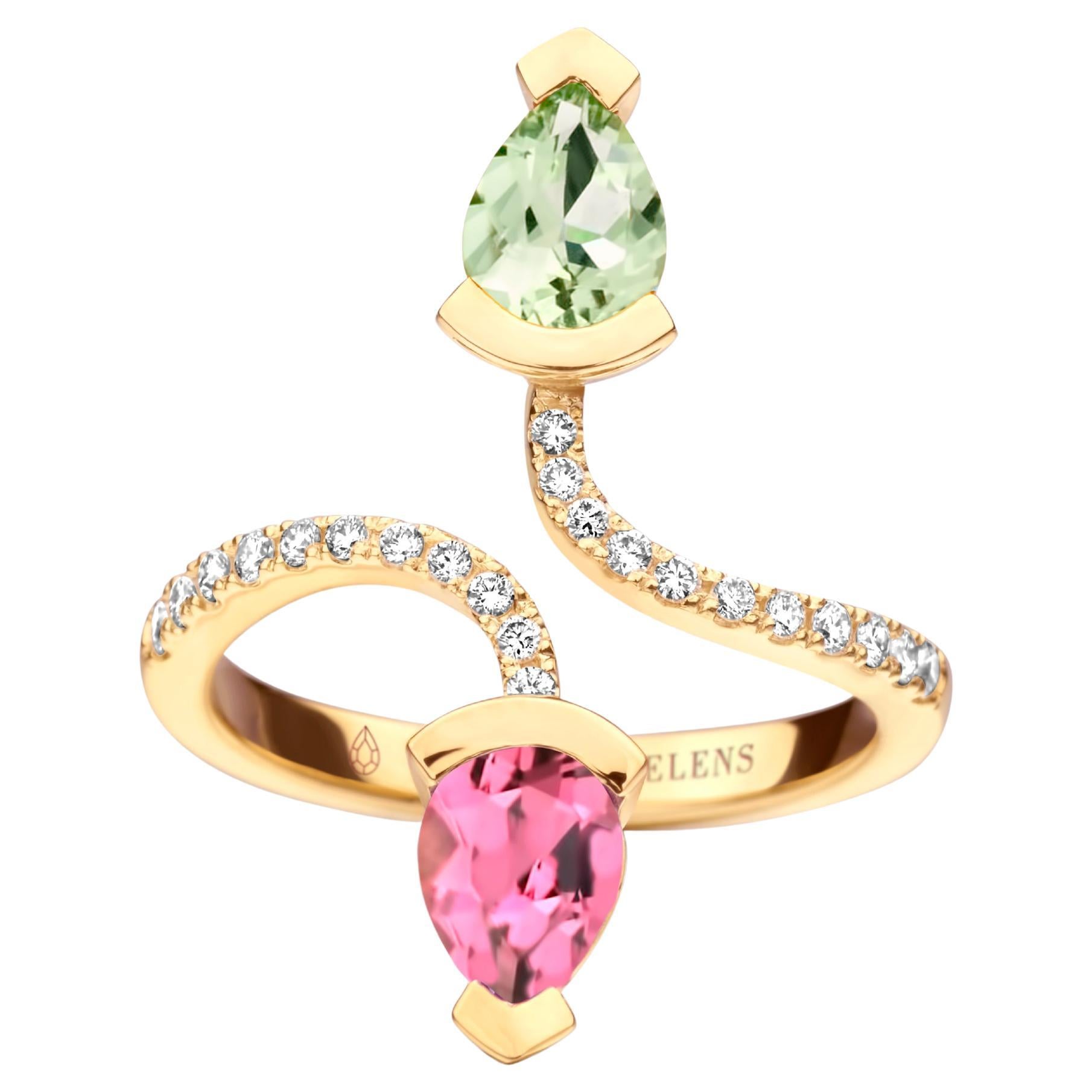 Green Beryl And Pink Tourmaline Yellow Gold Diamond Cocktail Ring For Sale