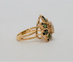 Green Beryl Diamond 14 Karat Yellow Gold Floral Burst Cocktail Ring