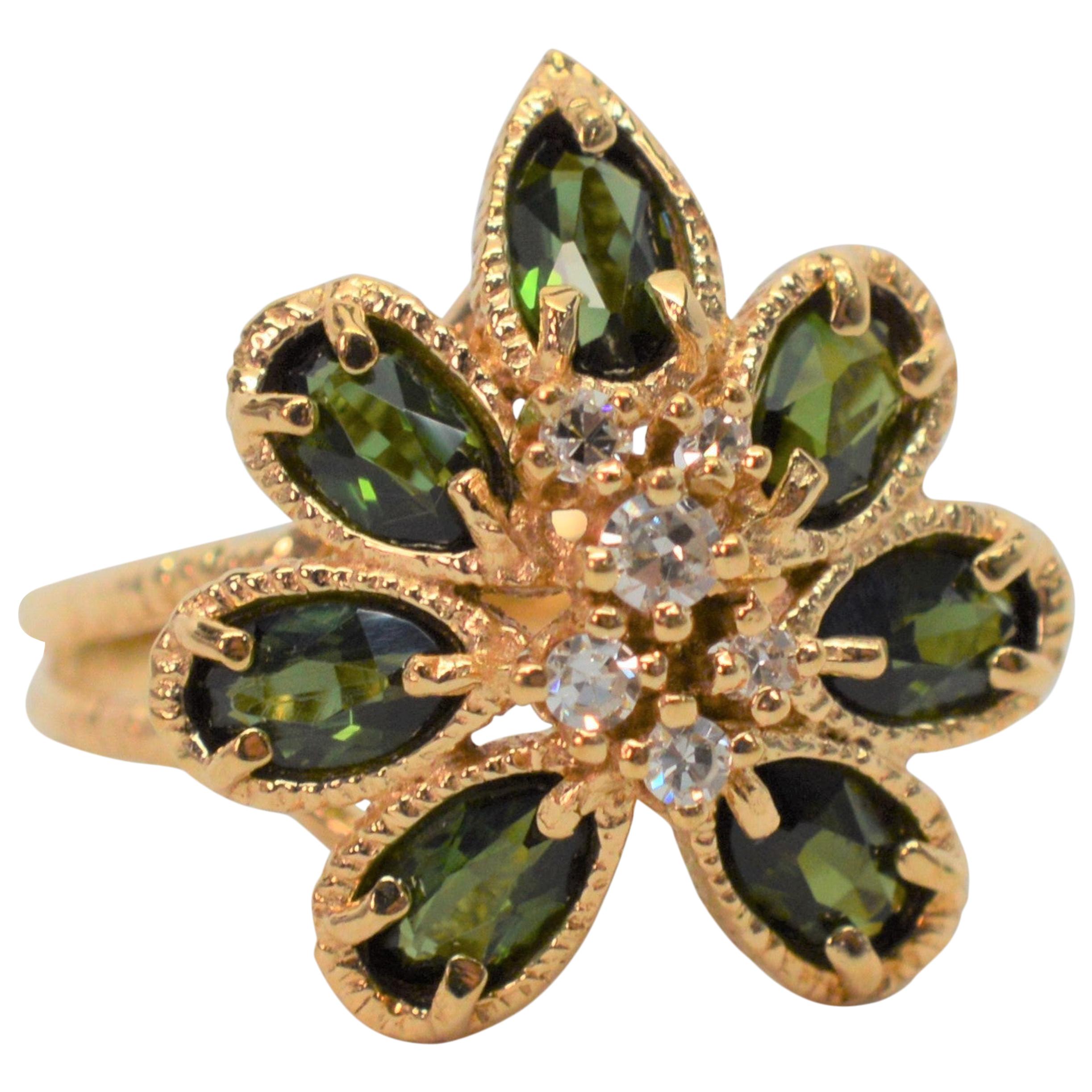 Green Beryl Diamond 14 Karat Yellow Gold Floral Burst Cocktail Ring