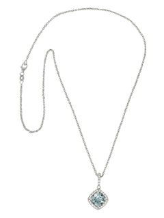 Green Beryl Diamond 18 Karat White Cushion Pendant Necklace