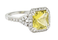 Green Beryl Diamond 18 Karat White Gold Square Halo Gemstone Ring