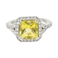 Green Beryl Diamond 18 Karat White Gold Square Halo Gemstone Ring