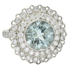 Green Beryl Diamond Platinum Floral Cluster Statement Ring