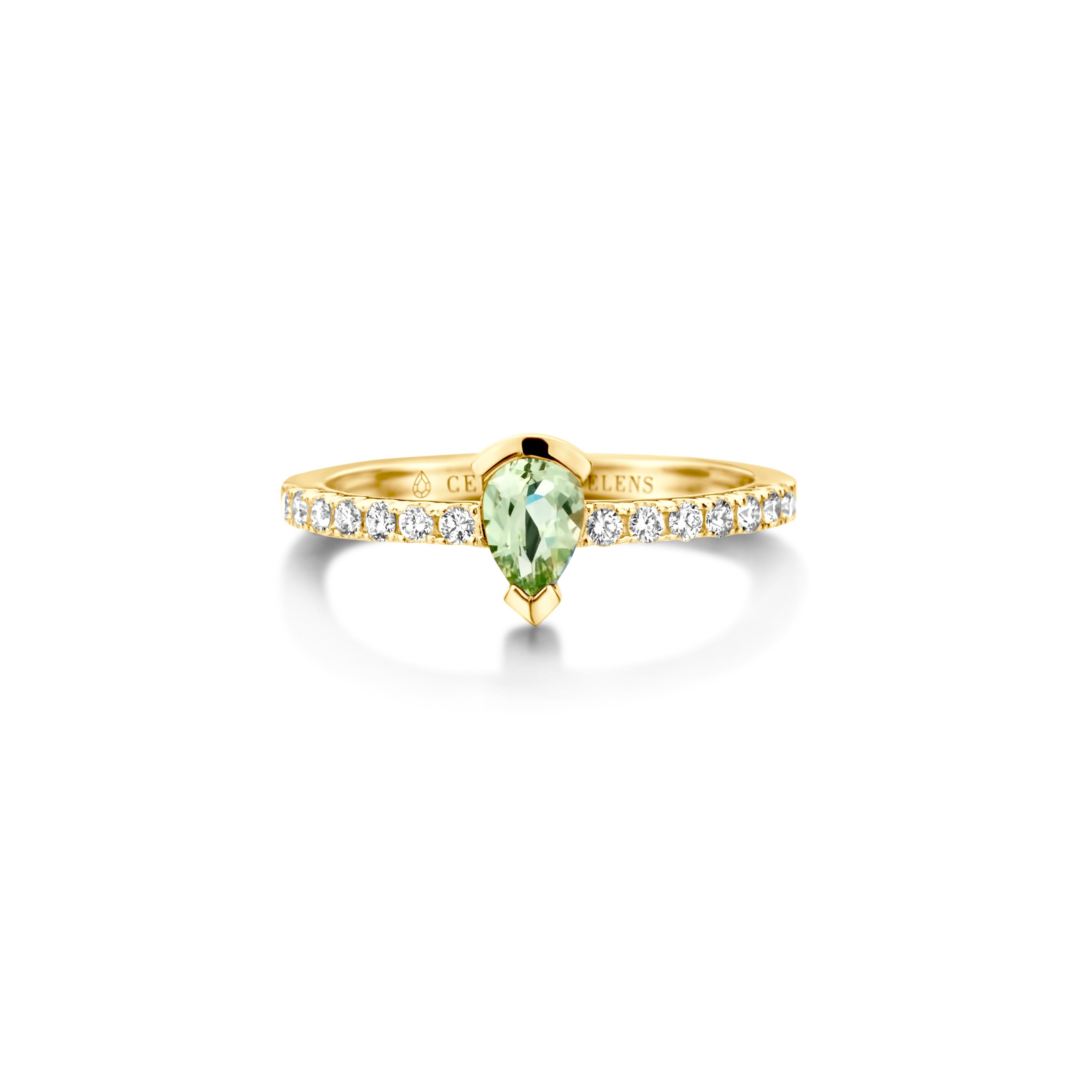 Adeline Straight ring in 18Kt white gold set with a pear-shaped green beryl and 0,24 Ct of white brilliant cut diamonds - VS F quality. Also, available in yellow gold and white gold. Celine Roelens, a goldsmith and gemologist, is specialized in