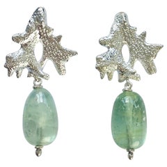 Green Beryl Drop Stud Silver Earrings