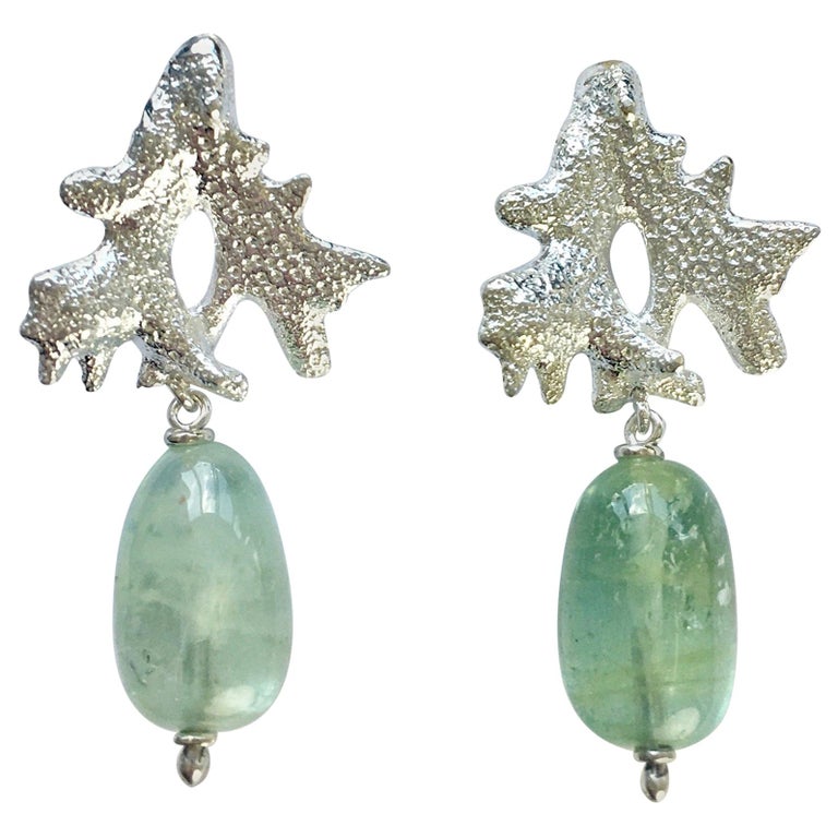 Green Beryl Drop Stud Silver Earrings For Sale at 1stDibs