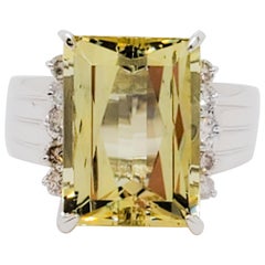 Green Beryl Emerald Cut and White Diamond Round Cocktail Ring in 18 Karat Gold