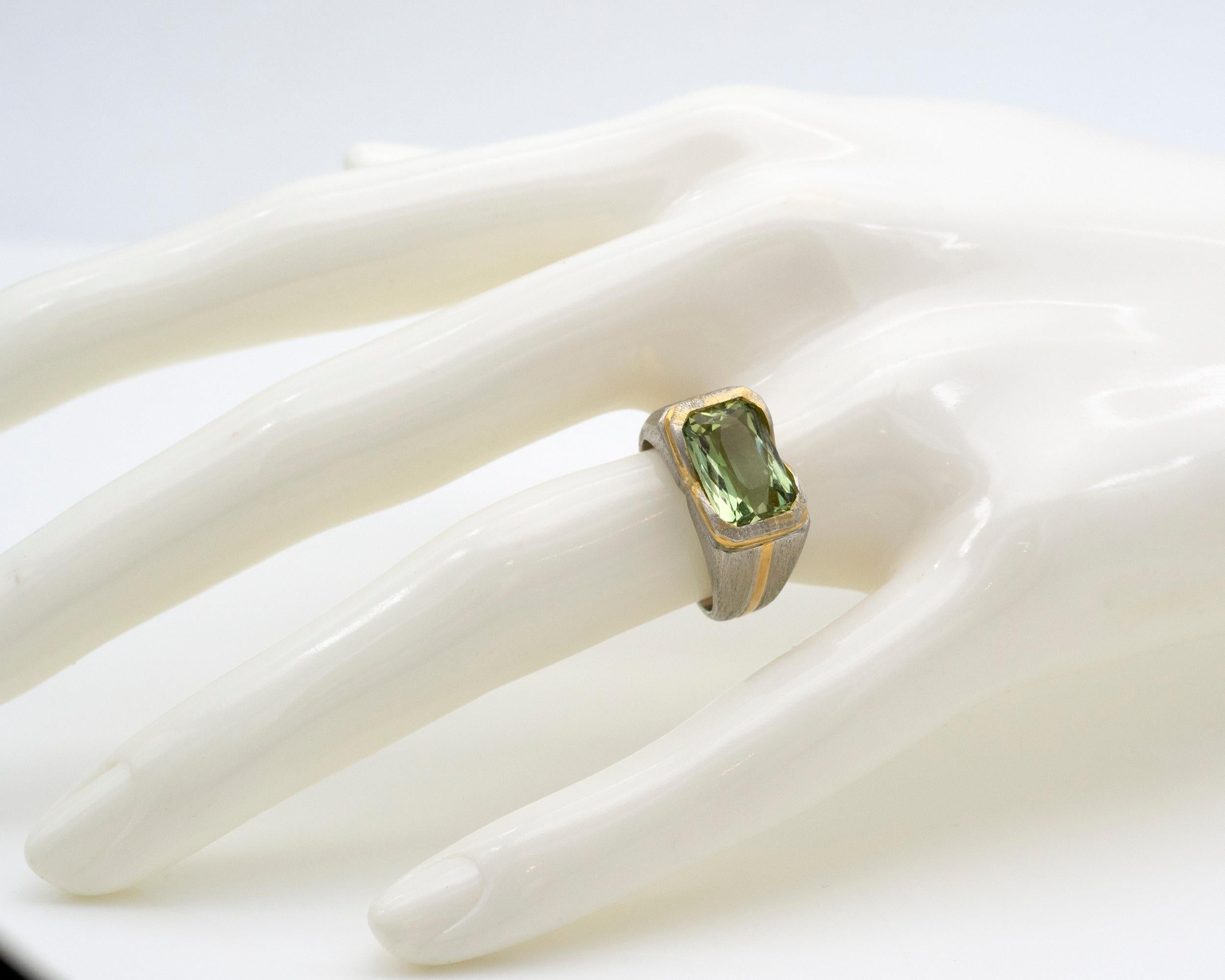 Emerald Cut Green Beryl Platinum and Gold Signet cocktail Ring For Sale
