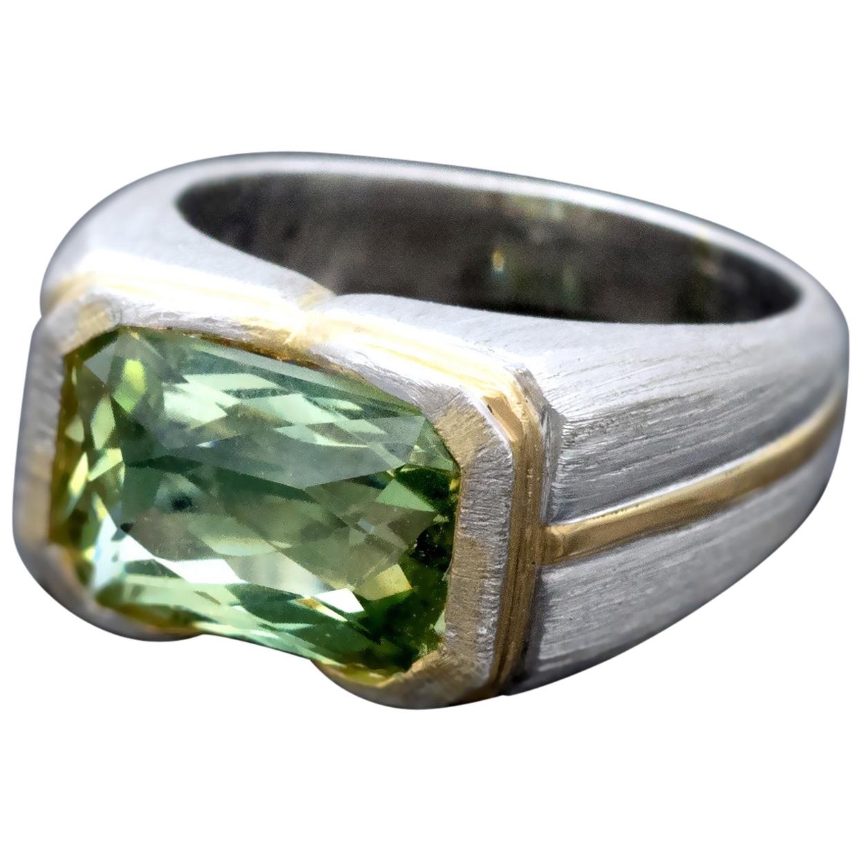 Green Beryl Platinum and Gold Signet cocktail Ring For Sale
