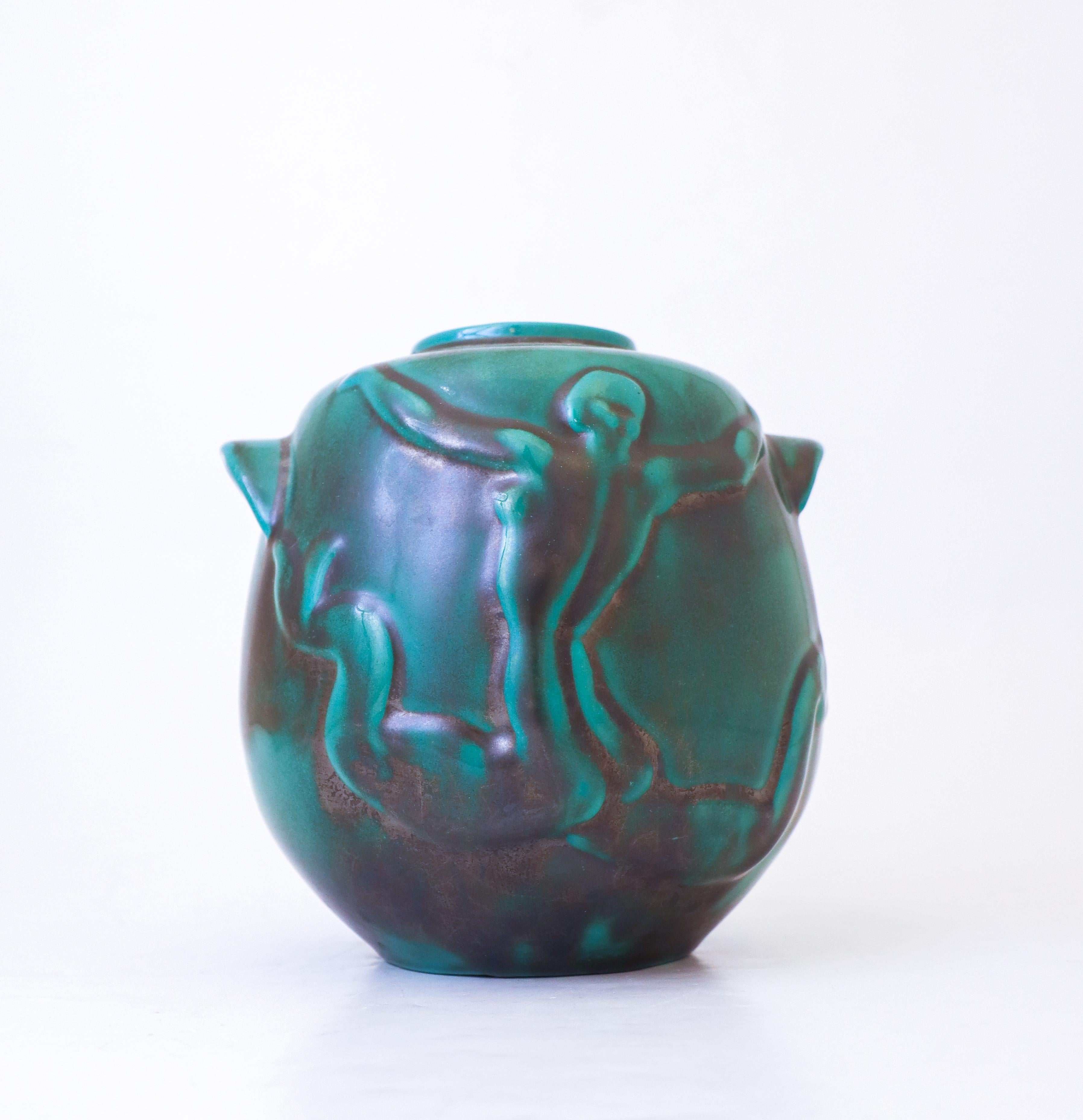 Jarrón Art Decó verde y negro, Upsala Ekeby, Suecia, década de 1940 Escandinavo moderno en venta