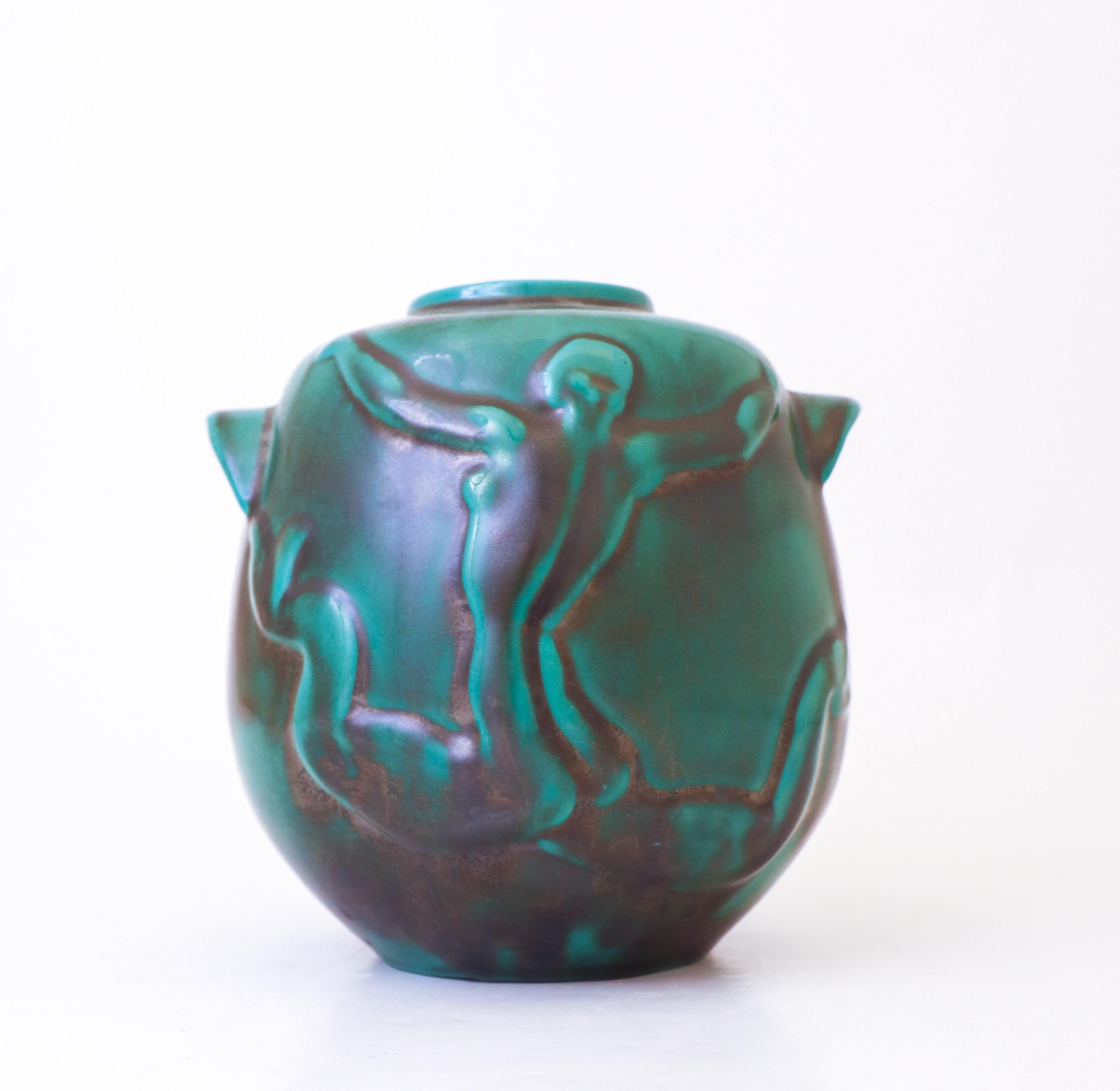 Jarrón Art Decó verde y negro, Upsala Ekeby, Suecia, década de 1940 Sueco en venta