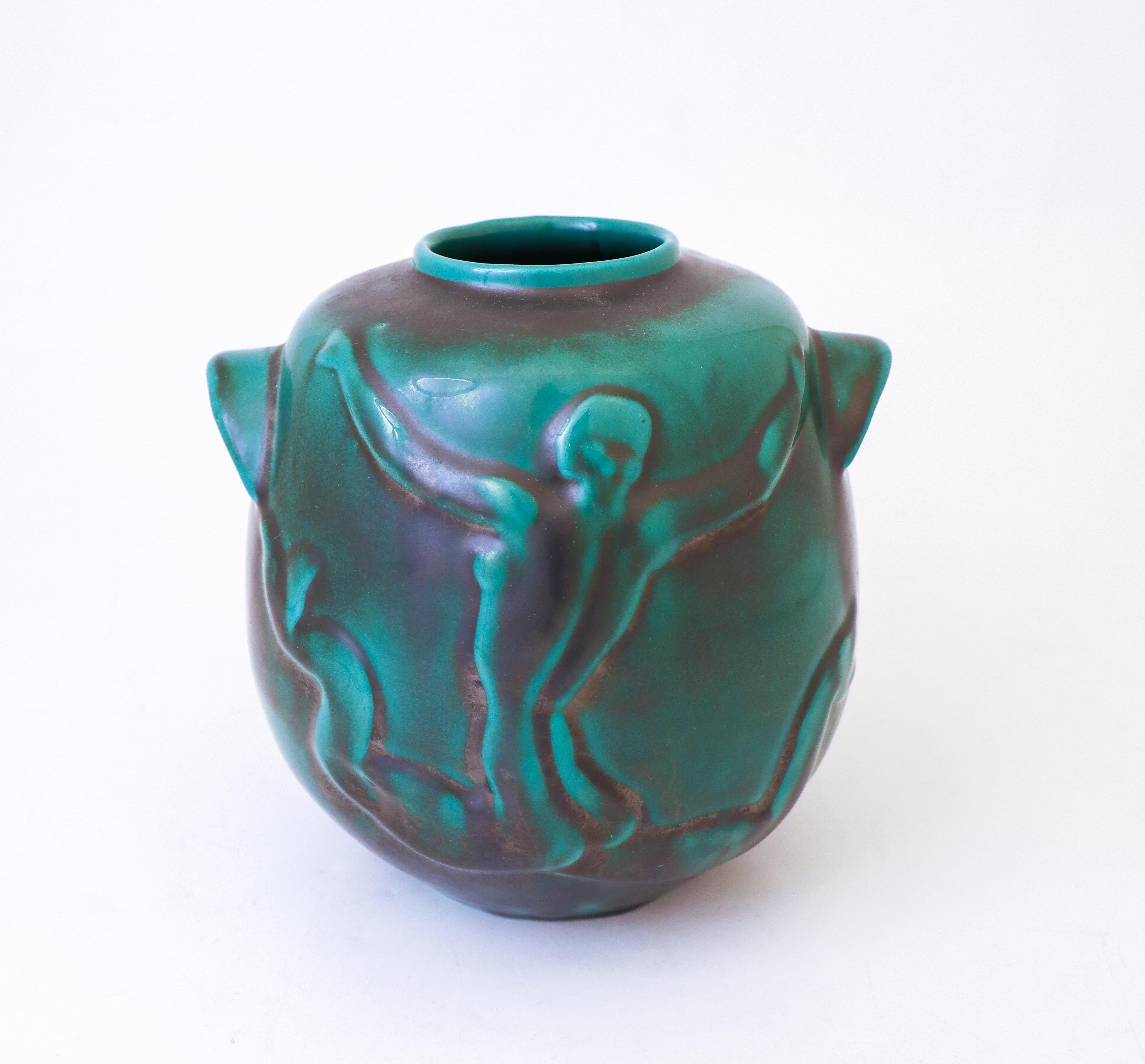 Jarrón Art Decó verde y negro, Upsala Ekeby, Suecia, década de 1940 en Excelente estado para la venta en Stockholm, SE