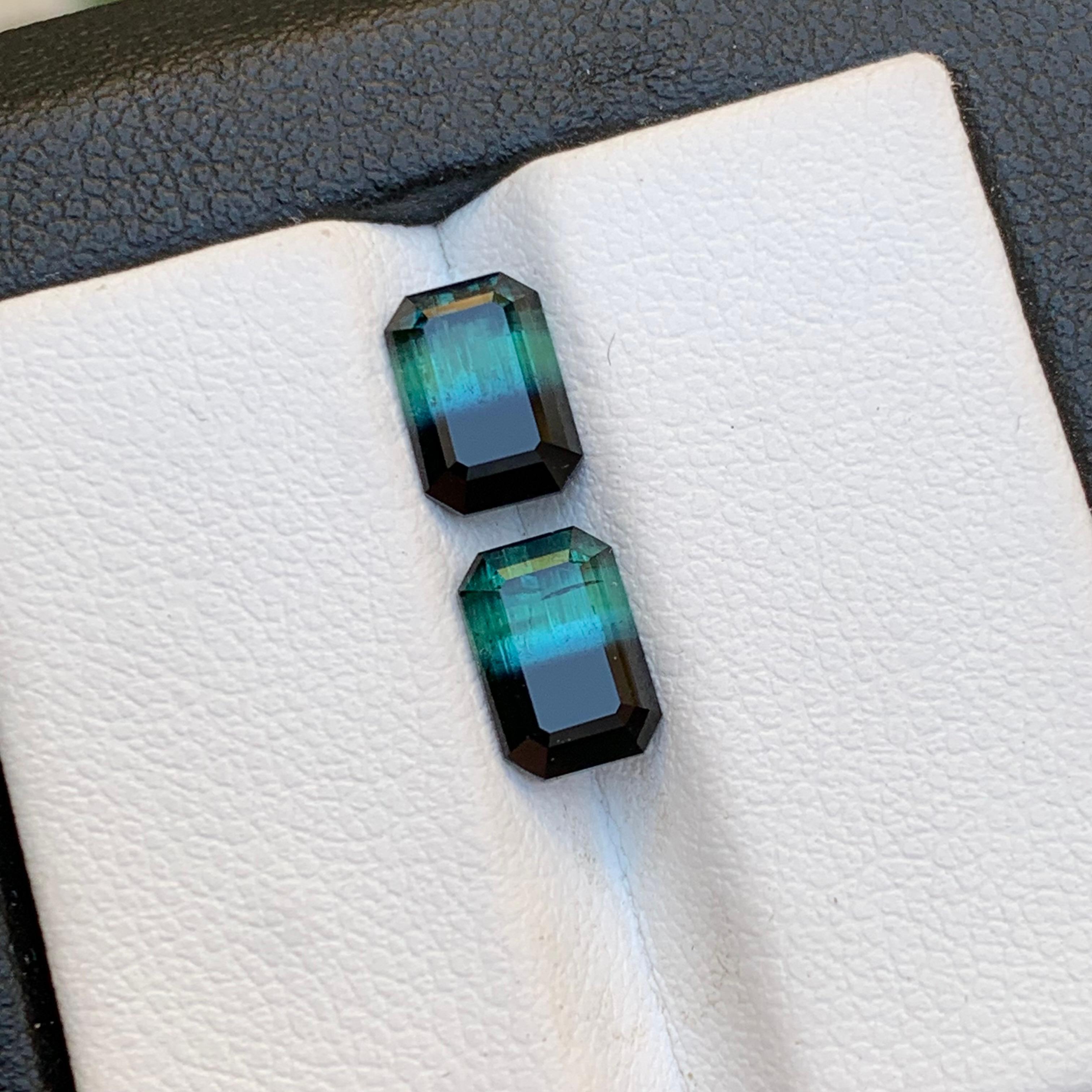 Green & Black Bicolor Tourmaline Earrings Gemstones Pair 3.10 Carat Emerald Cut In New Condition For Sale In Peshawar, PK